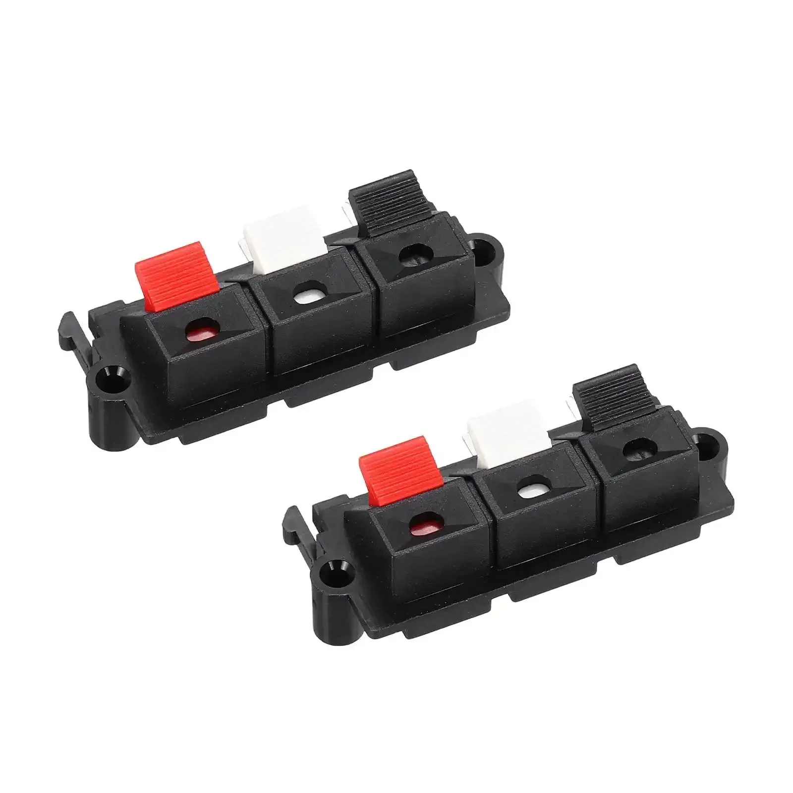 Three Way Spring Terminal Clip Push Release Connector Plate For Speaker Terminals, 50mm By 25mm By 21mm, Red White Black Color Coding, Copper Plastic Construction, Mounting Holes 45mm, Two Pieces, Test Clips For Speaker Upgrades