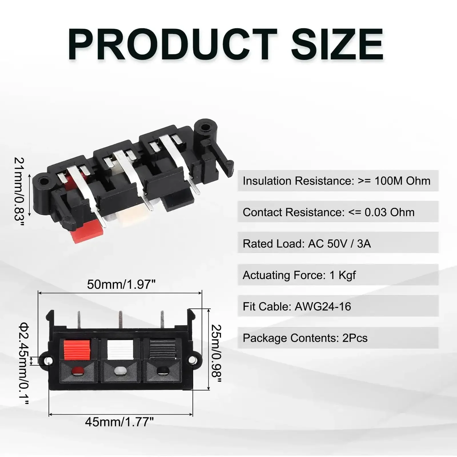 Three Way Spring Terminal Clip Push Release Connector Plate For Speaker Terminals, 50mm By 25mm By 21mm, Red White Black Color Coding, Copper Plastic Construction, Mounting Holes 45mm, Two Pieces, Test Clips For Speaker Upgrades - Image 6
