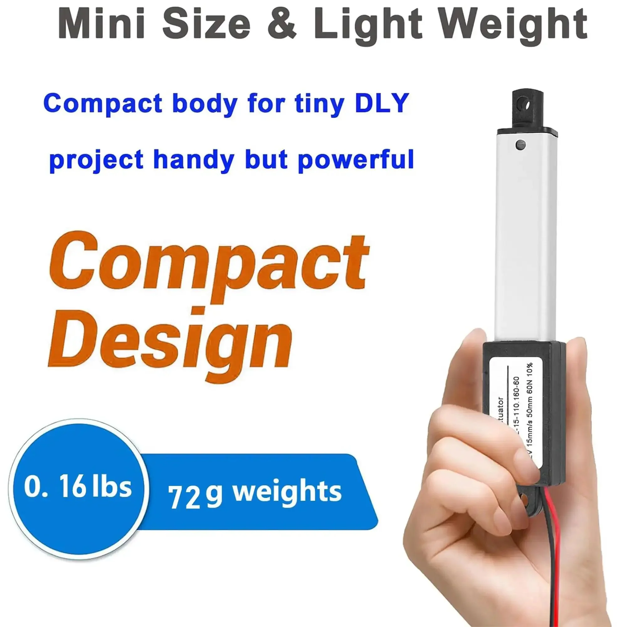 Tiny 12V 1.2 Inch Stroke Electric Linear Actuator With 60N Load 15 mm Per Second Speed IP54 Waterproof Switch And Mounting Bracket Ideal For Pet Doors And Small Equipment Aluminum Alloy Housing - Image 3