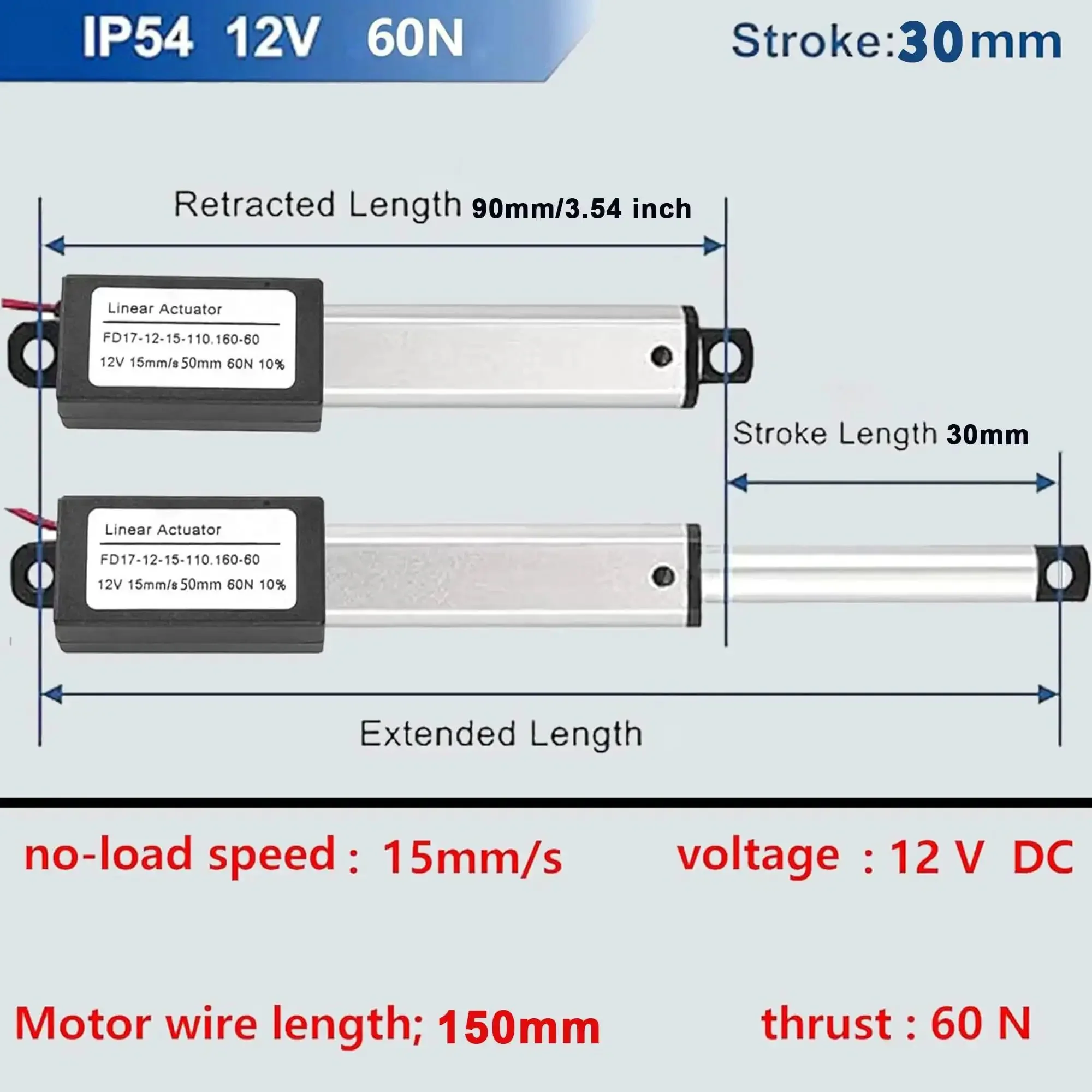 Tiny 12V 1.2 Inch Stroke Electric Linear Actuator With 60N Load 15 mm Per Second Speed IP54 Waterproof Switch And Mounting Bracket Ideal For Pet Doors And Small Equipment Aluminum Alloy Housing - Image 5