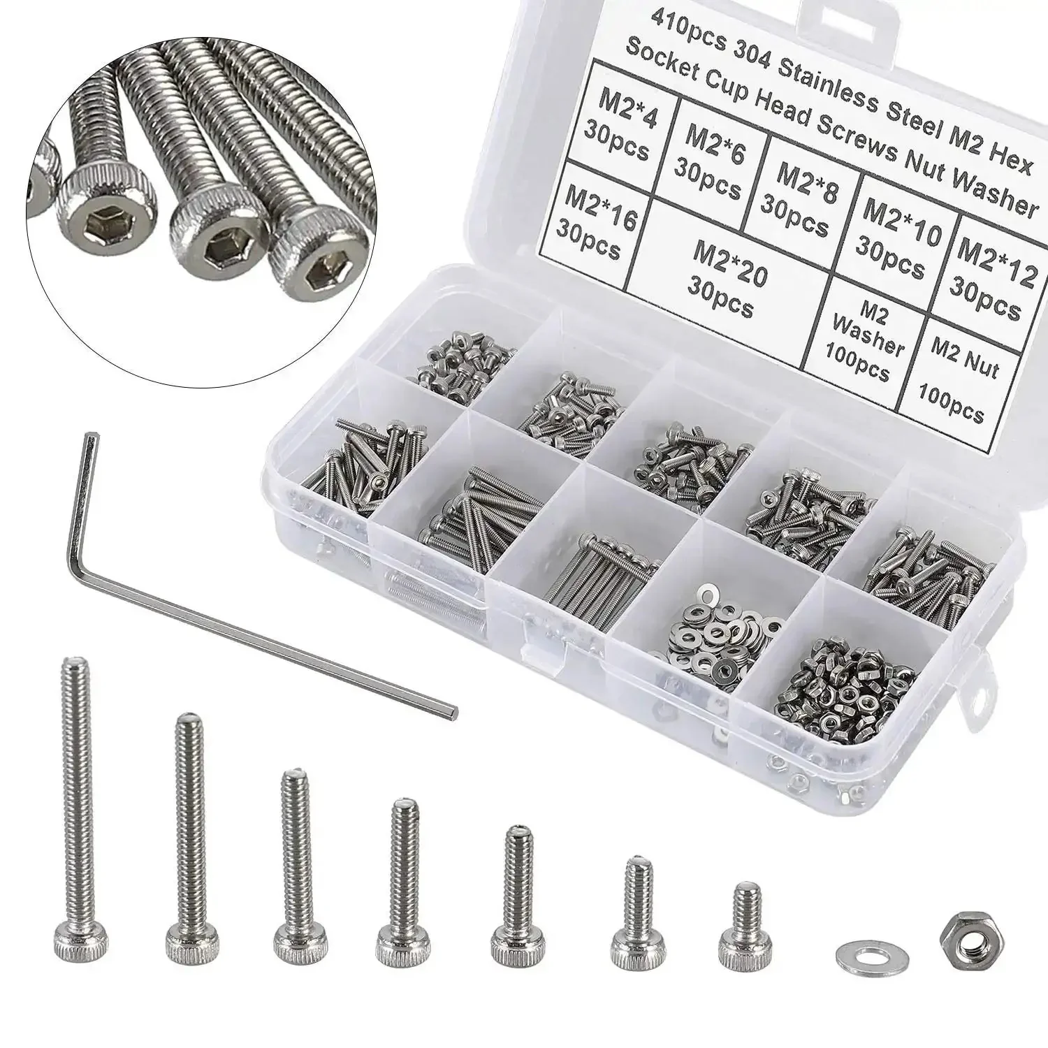 Tiny Hex Socket Head Cap Screws Kit With Nuts And Washers, 304 Stainless Steel Micro Allen Machine Screws M2 X 4/6/8/10/12/16/20mm, Fully Threaded 0.4mm Pitch, Includes Hex Wrench, Rust Resistant For Harsh Environments