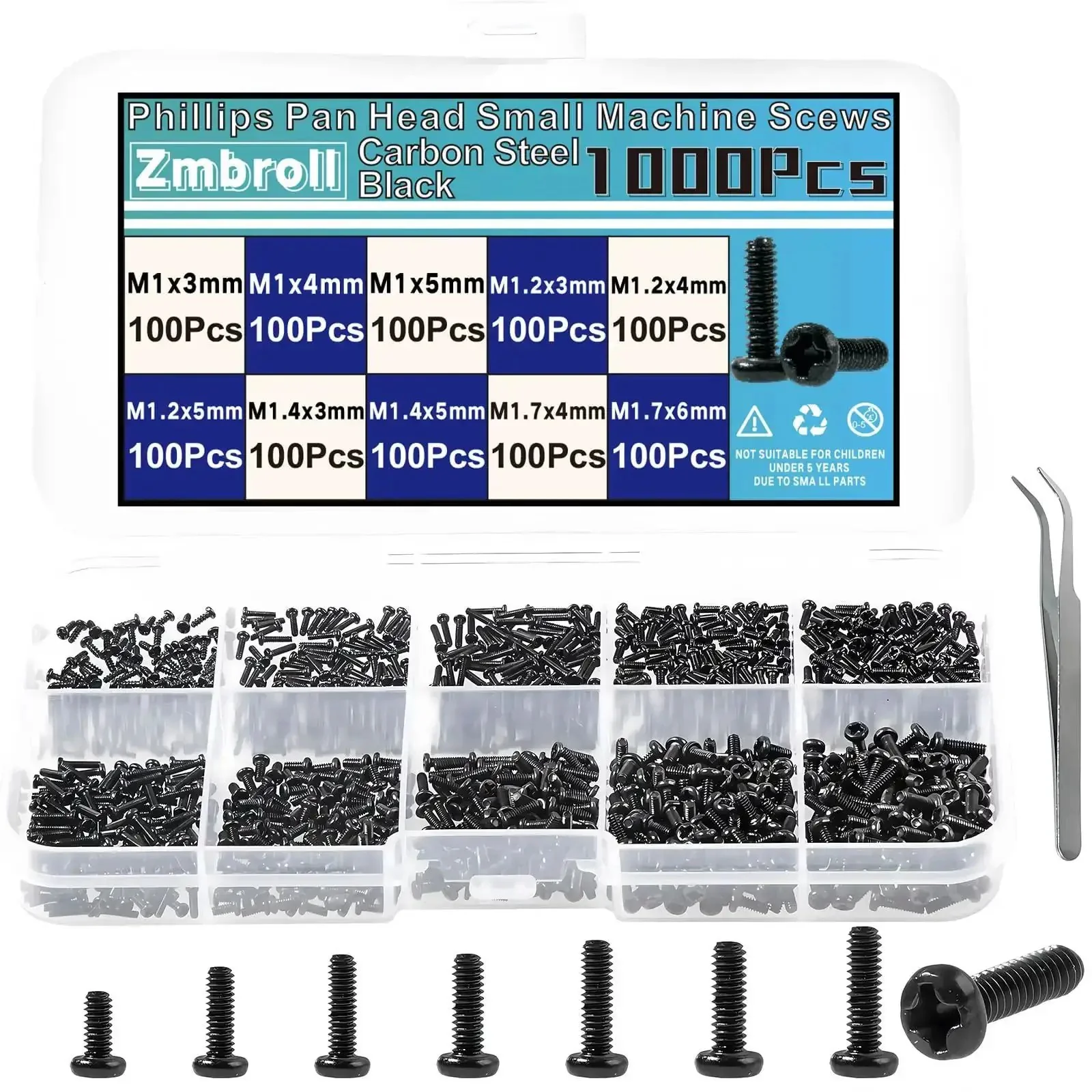 Tiny Micro Repair Screws Set In Black Carbon Steel Phillips Pan Head M1 To M1.7 For Eyeglasses Watches Clocks And Mobile Phones 1000Pcs Assorted Small Machine Screws In Clear Box