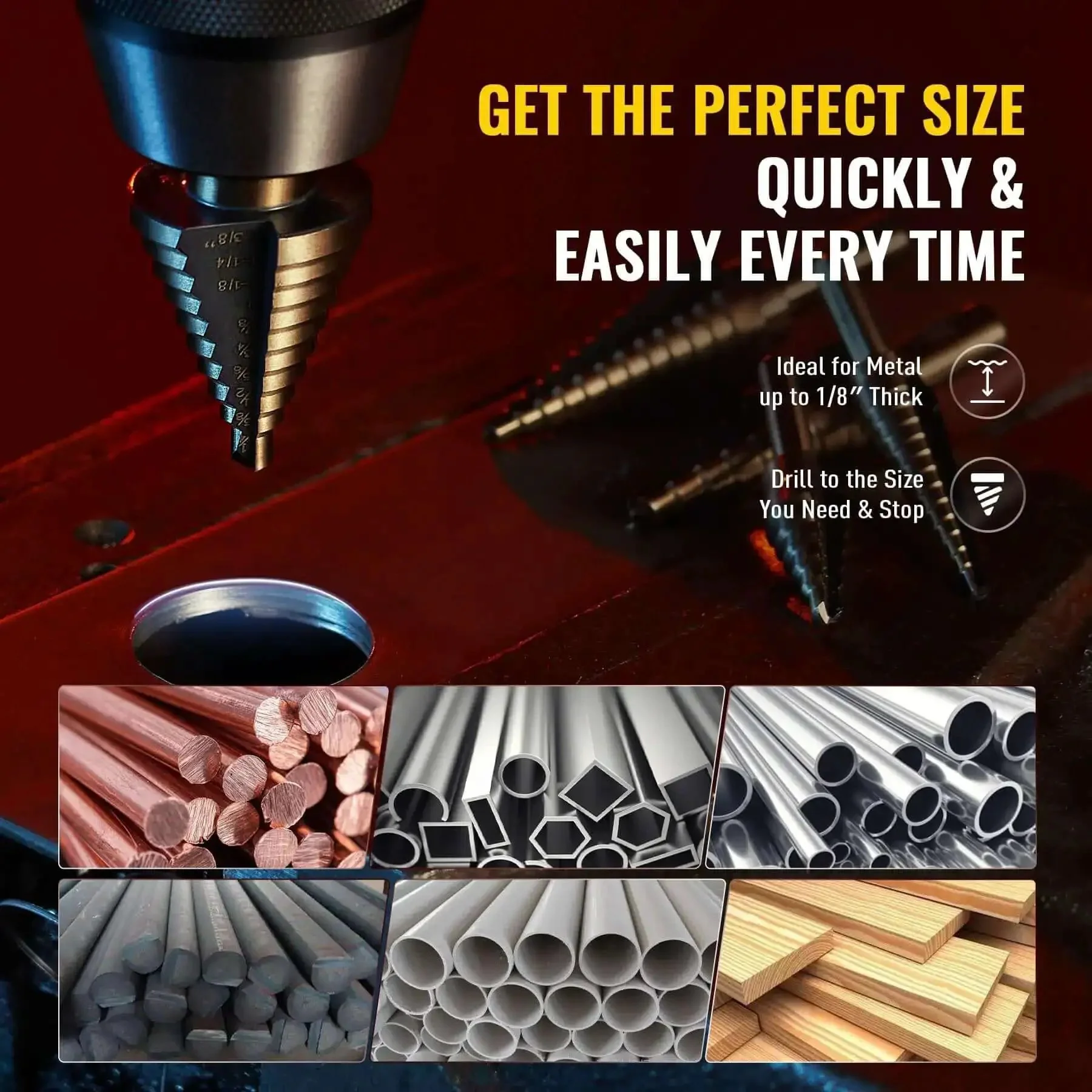 Titanium Coated HSS Step Drill Bit Set With 50 Sizes In 5 Unibits Built For DIYers And Pros Perfect For Sheet Metal Aluminum Carry Case Included 135 Degree Split Point For Quick Clean Holes - Image 5