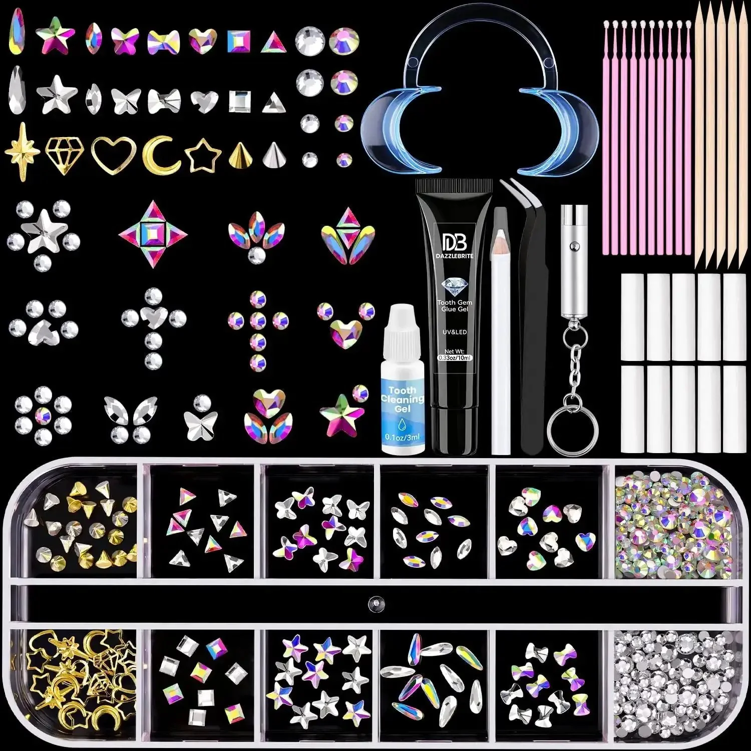 Tooth Gem Kit for Teeth Beginners with Colorful Crystal Gems and Essential Tools, Bedazzling Tooth Jewelry Set for Women and Men, Includes Tweezers, Gem Picker, Micro Brushes, Cotton Rolls, Opener