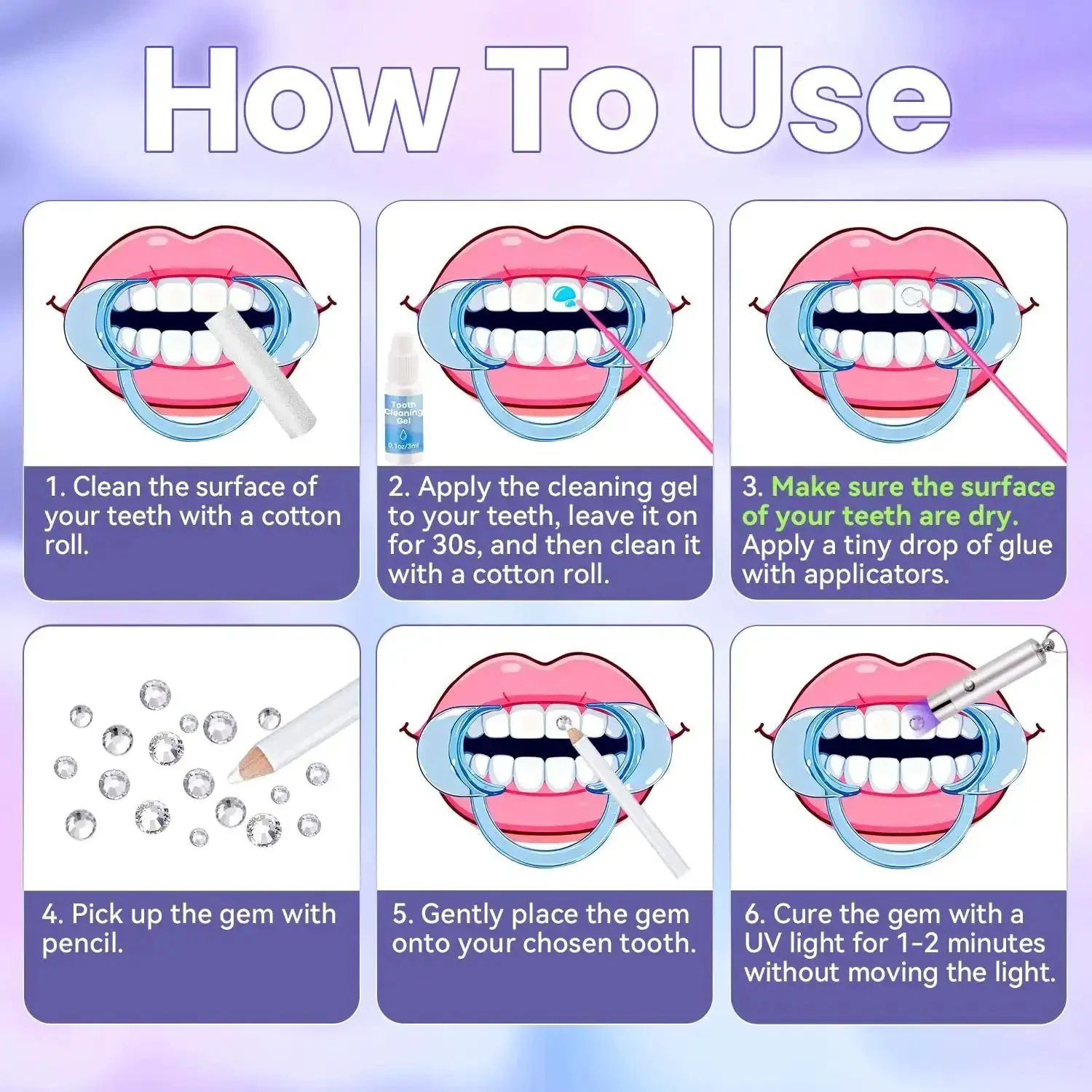 Tooth Gem Kit for Teeth Beginners with Colorful Crystal Gems and Essential Tools, Bedazzling Tooth Jewelry Set for Women and Men, Includes Tweezers, Gem Picker, Micro Brushes, Cotton Rolls, Opener - Image 6