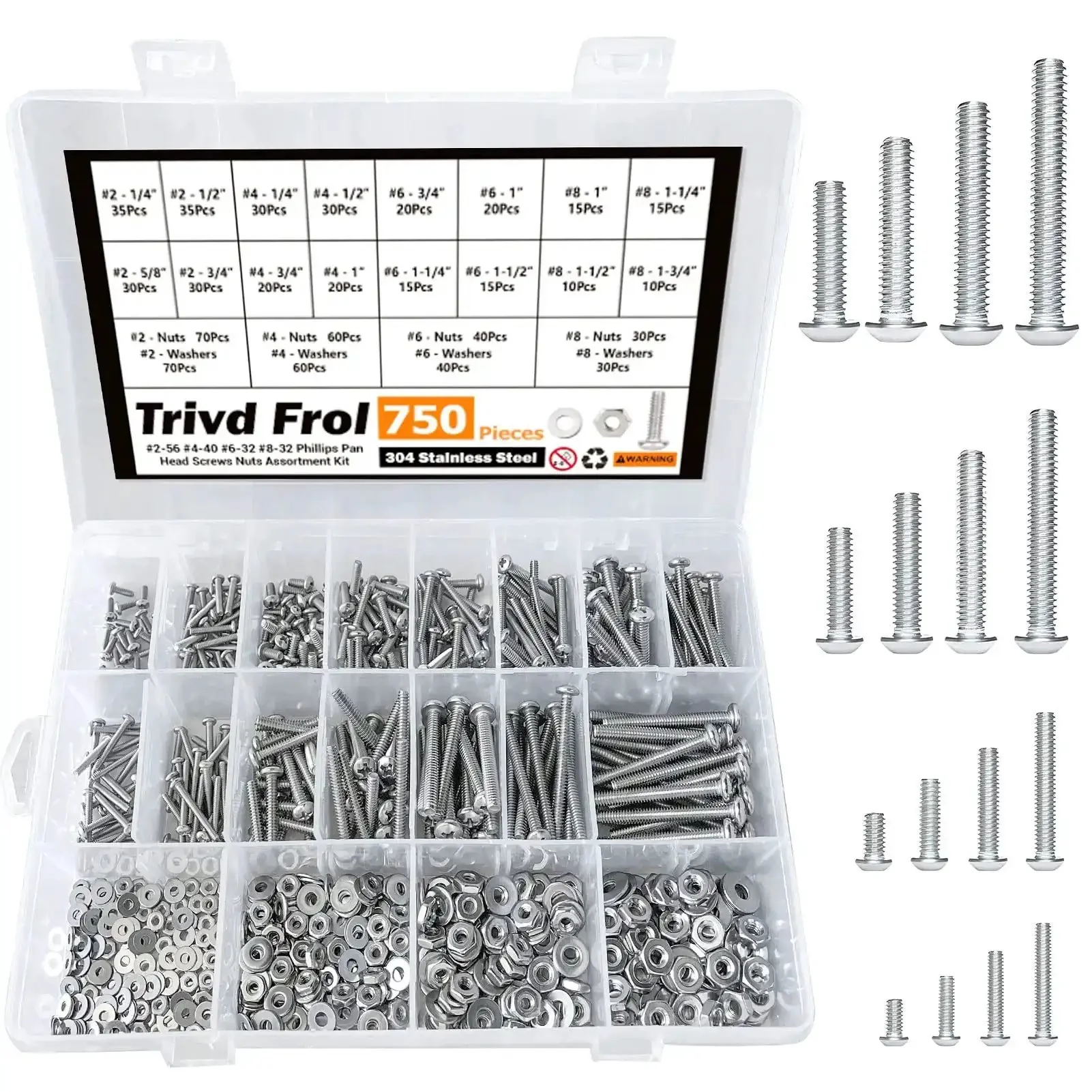 Top Notch 750 Piece Stainless Steel Fastener Set With Phillips Pan Head Screws Sizes 2-56 4-40 6-32 8-32, Plus Nuts And Flat Washers, 304 Stainless Steel Assortment Kit For Home Or Shop Projects