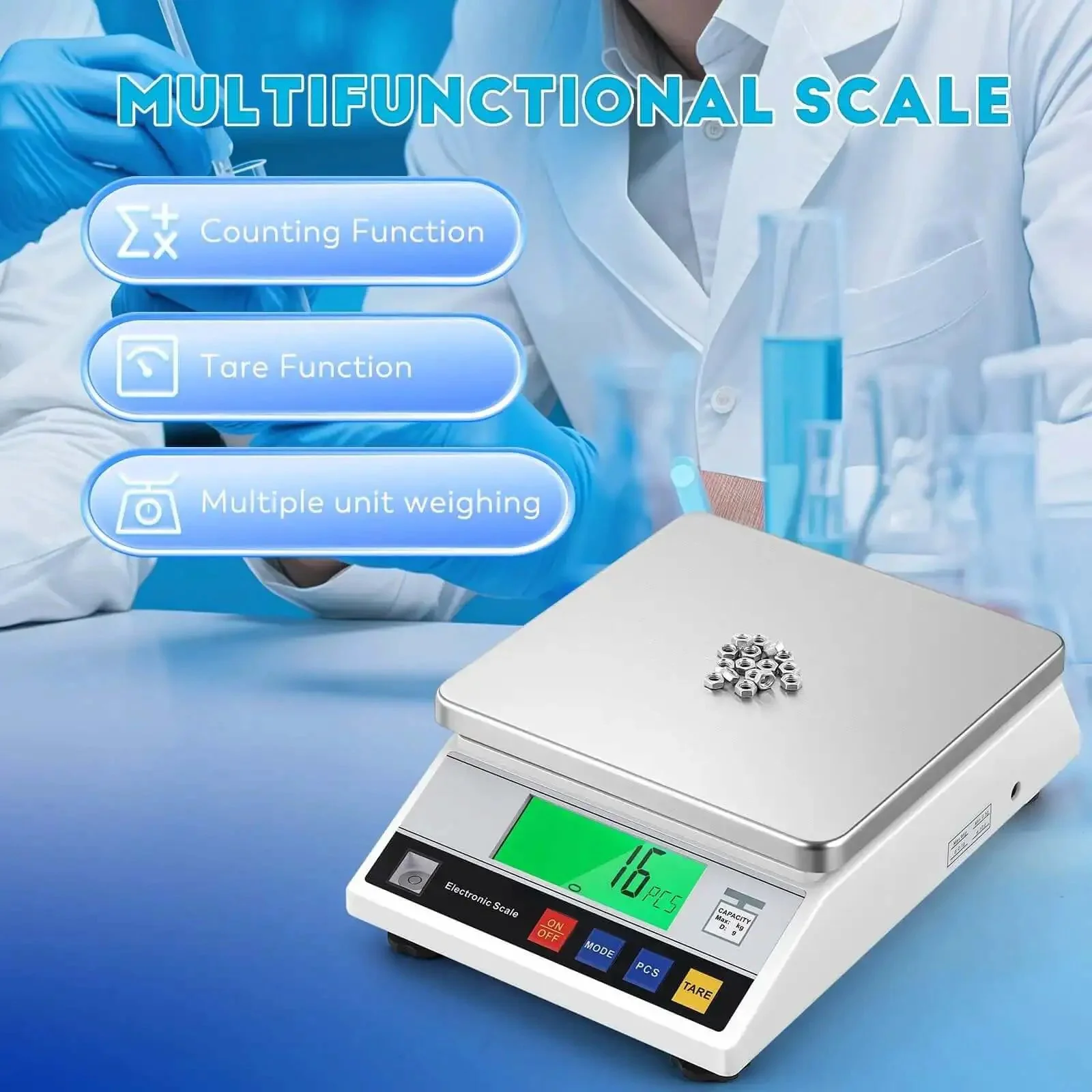 Top Notch Digital Lab Scale 10kg Capacity With 0.1g Precision, Fast Readout For Weighing And Counting, Industrial Grade Balance, Unit Conversion, Built In High Sensitivity Sensor And Leveling Feet - Image 7