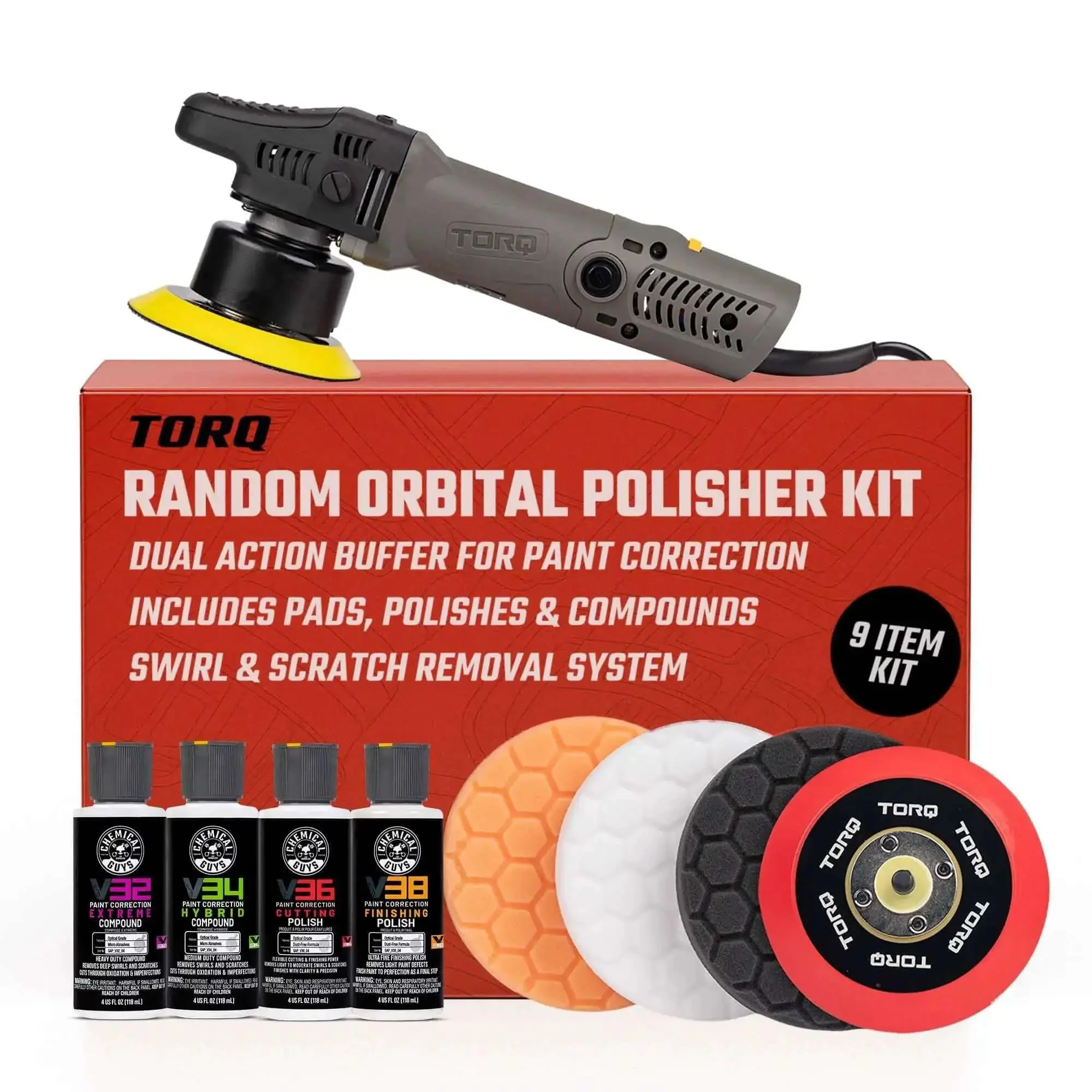 TorqX Random Orbital Polisher Kit With Pads, Polishes, And Compounds For Cars, Trucks, SUVs, And Motorcycles, 700W Motor, 8mm Orbit, All In One 9 Piece Detailing Set