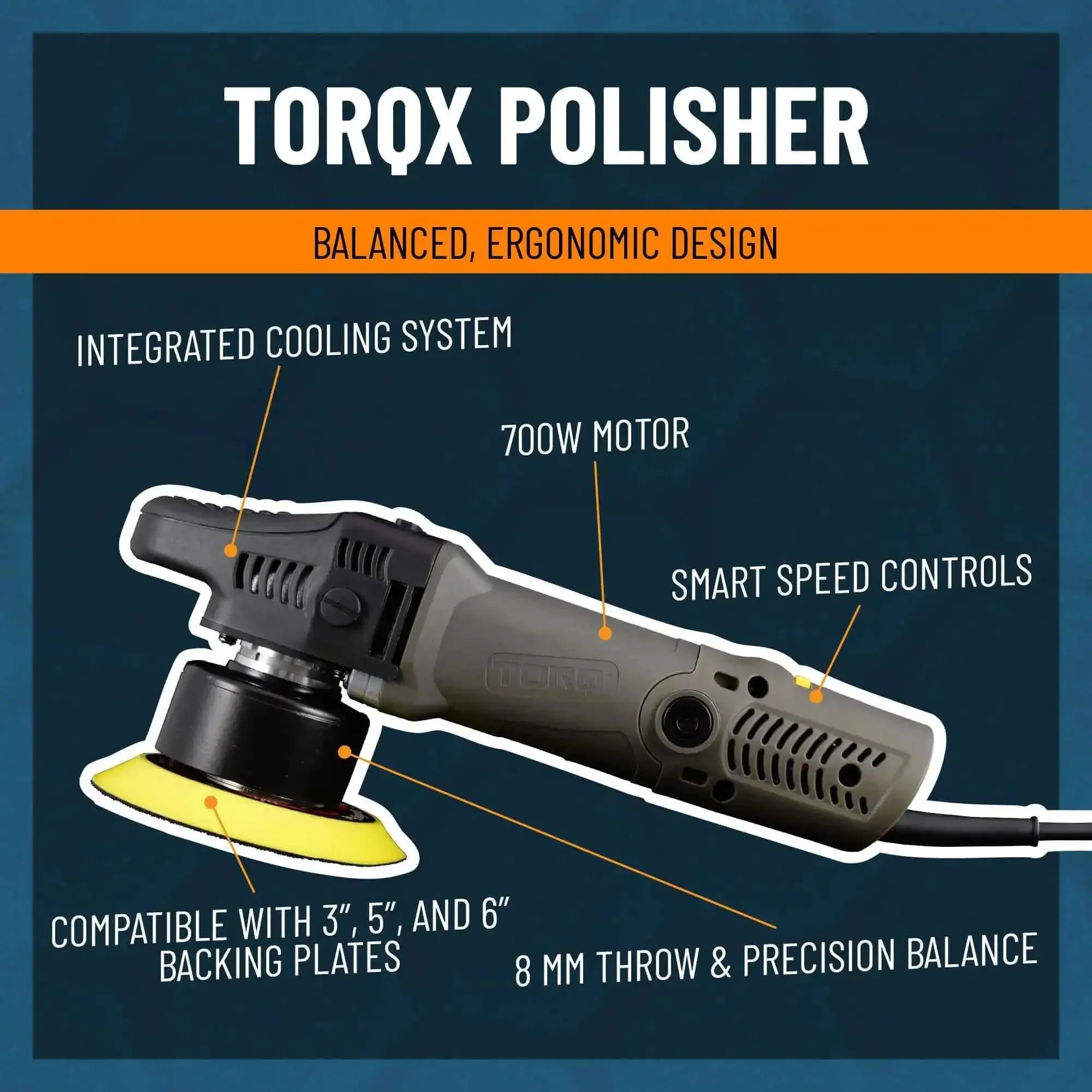 TorqX Random Orbital Polisher Kit With Pads, Polishes, And Compounds For Cars, Trucks, SUVs, And Motorcycles, 700W Motor, 8mm Orbit, All In One 9 Piece Detailing Set - Image 4