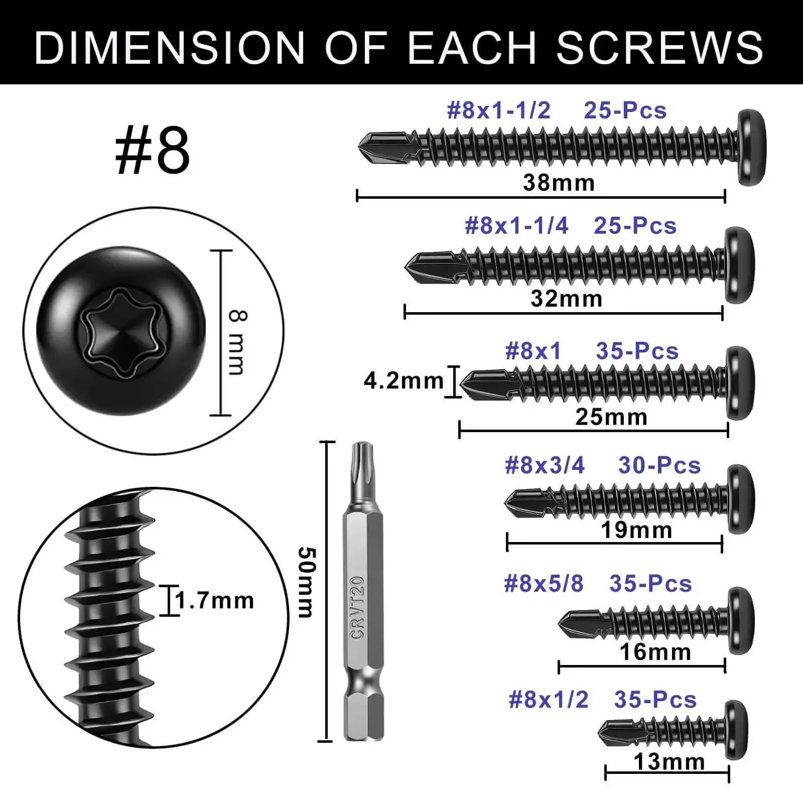 Torx Drive Self Drilling Screws Set For Metal In 410 Stainless Black Dacromet Finish Pan Head Tek Screws Size Eight By One Half To One And One Half Inch 185 Pieces Plus One T20 Bit Tough As Nails Outdoor Ready And Corrosion Resistant - Image 7