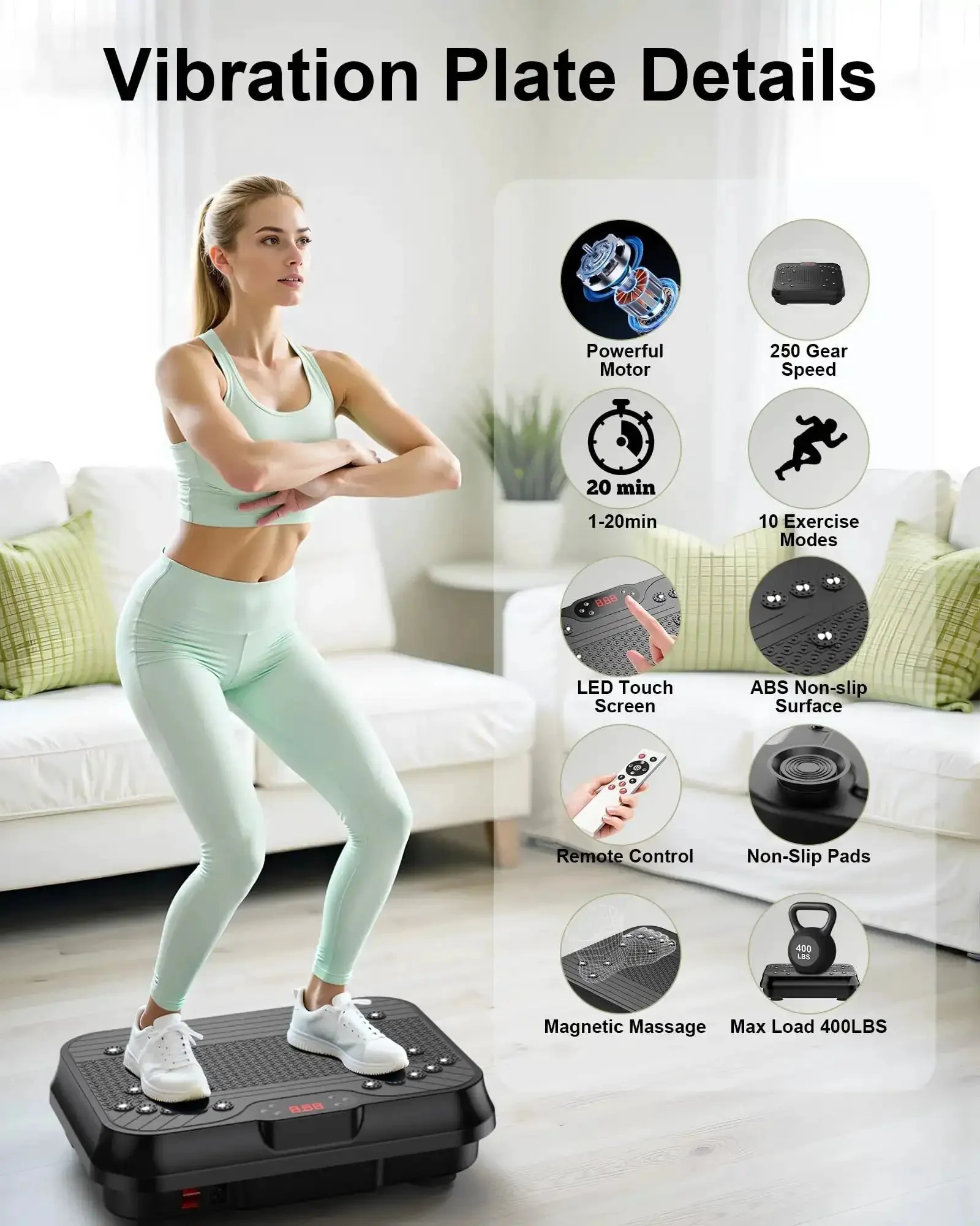 Total Body Vibration Plate For Kickstart Fat Burn And Lymphatic Drainage Home Gym Workout With 250 Speed Levels And 400 Lbs Capacity Plus Resistance Band Included For Home Use - Image 7