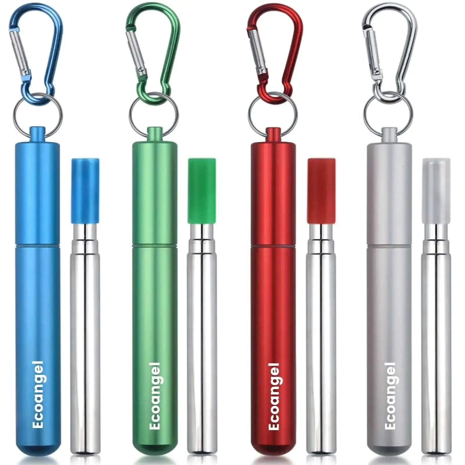 Travel Ready Reusable Collapsible Telescoping Stainless Steel Straws 4 Pack TSA Friendly With Aluminum Case Cleaning Brush And Keychains Color Coded Tips Silver Blue Red Green Cruise Ship Essentials