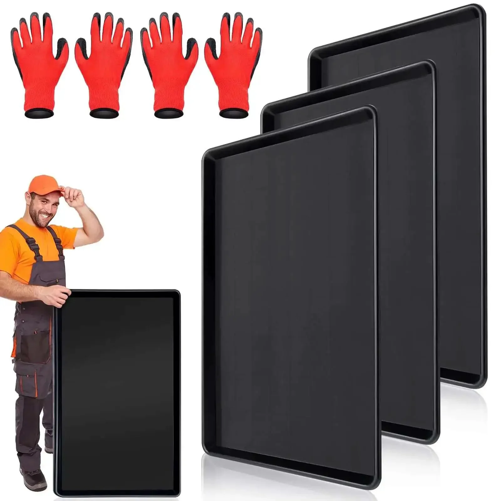 Triple Pack Extra Large Oil Drip Pan 35.4 X 24 Inch Heavy Duty Plastic Drain Tray For Cars Trucks And Home DIY Maintenance Includes Oil Spill Catcher And 2 Pairs Of Gloves For Mess Free Pro Grade Auto Work