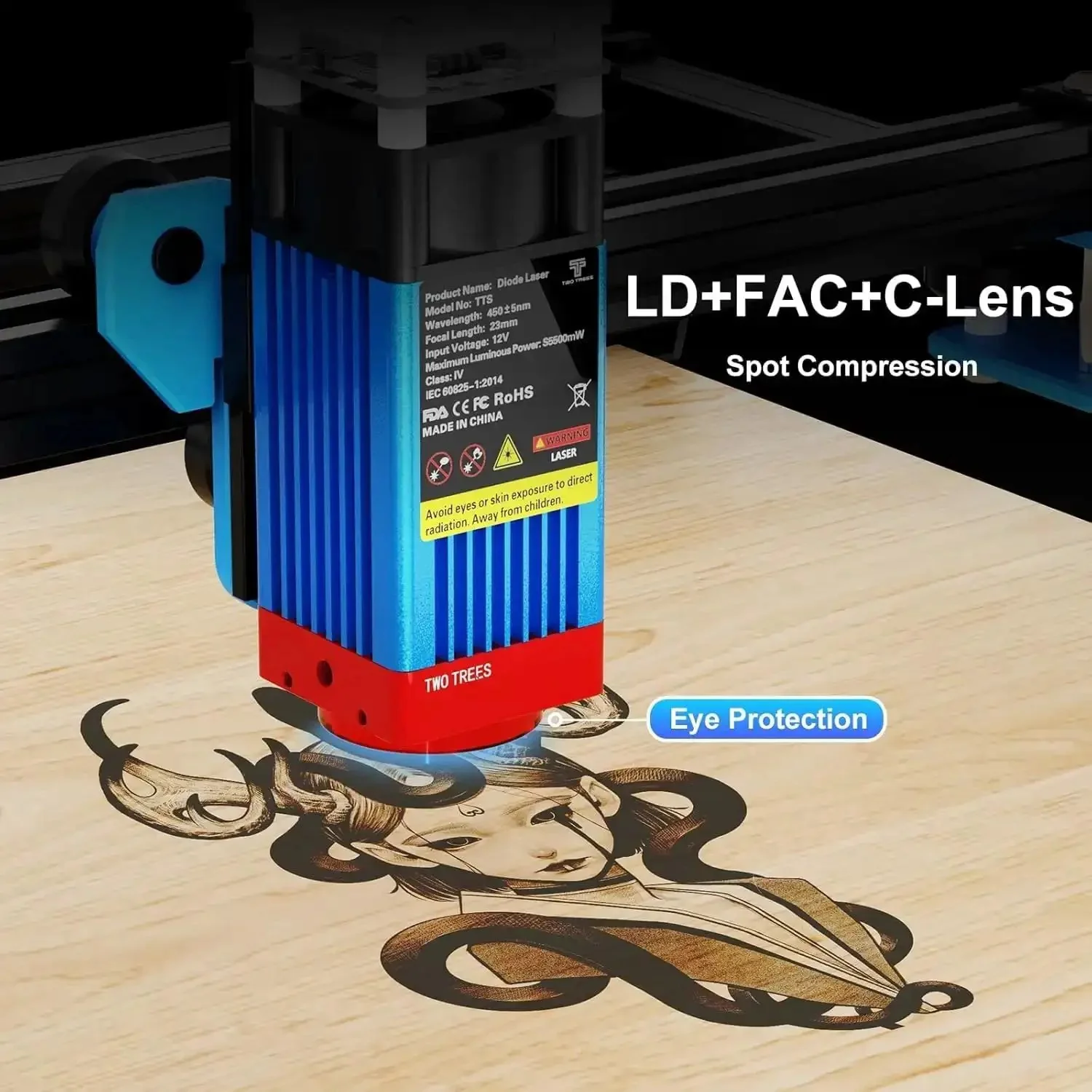 TTS-55 Pro Laser Engraver 5.5W DIY Laser Cutter With Air Assist, 30000mm/Min Speed, 0.08mm Spot, Engrave Wood Metal Acrylic Glass Stainless Steel At Home Workshop - Image 6
