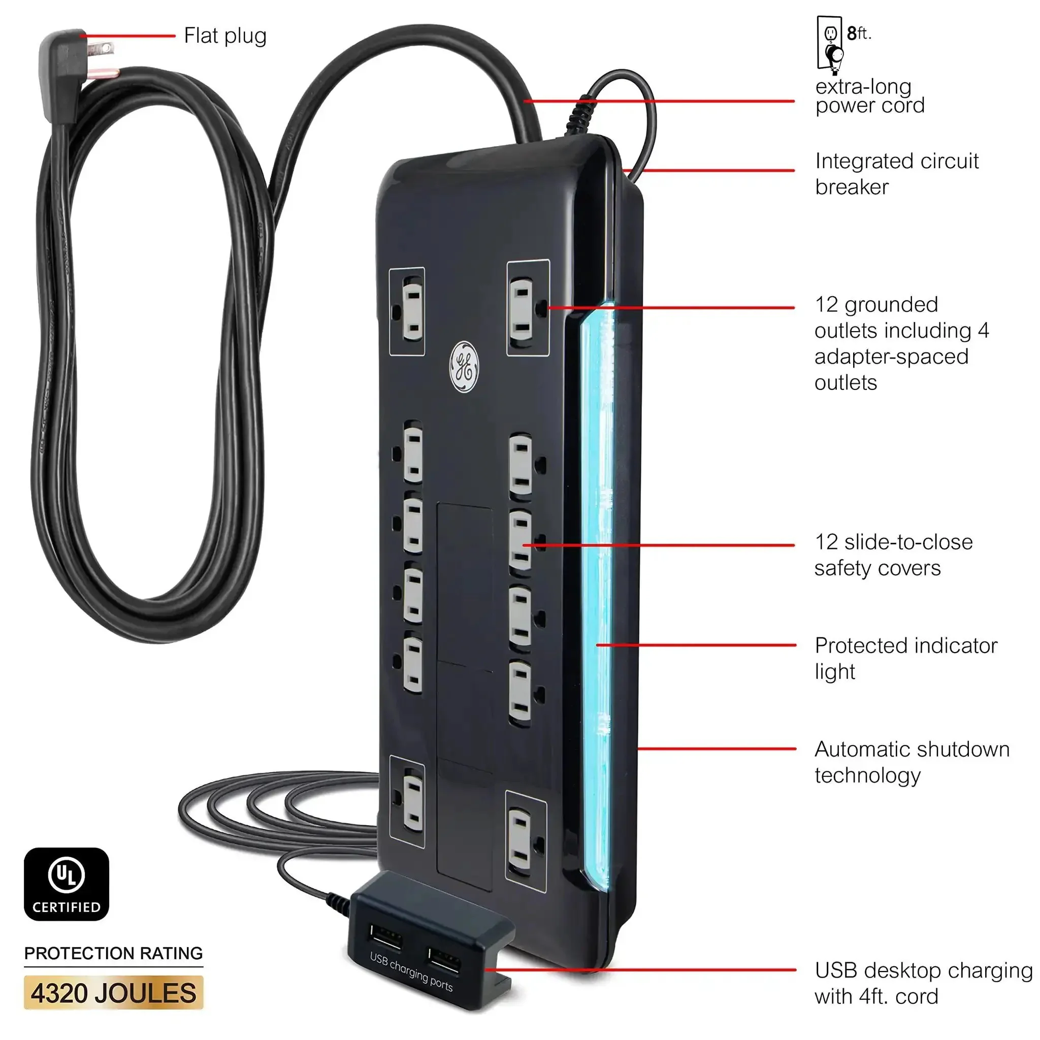 Turn One Outlet Into Twelve With Tethered USB Ports Surge Protector, 8 Ft Cord, Flat Plug, 4320 Joules, Power Filter, Circuit Breaker, UL Listed, Black, Extra Wide Spaced Outlets, Warranty Included - Image 9