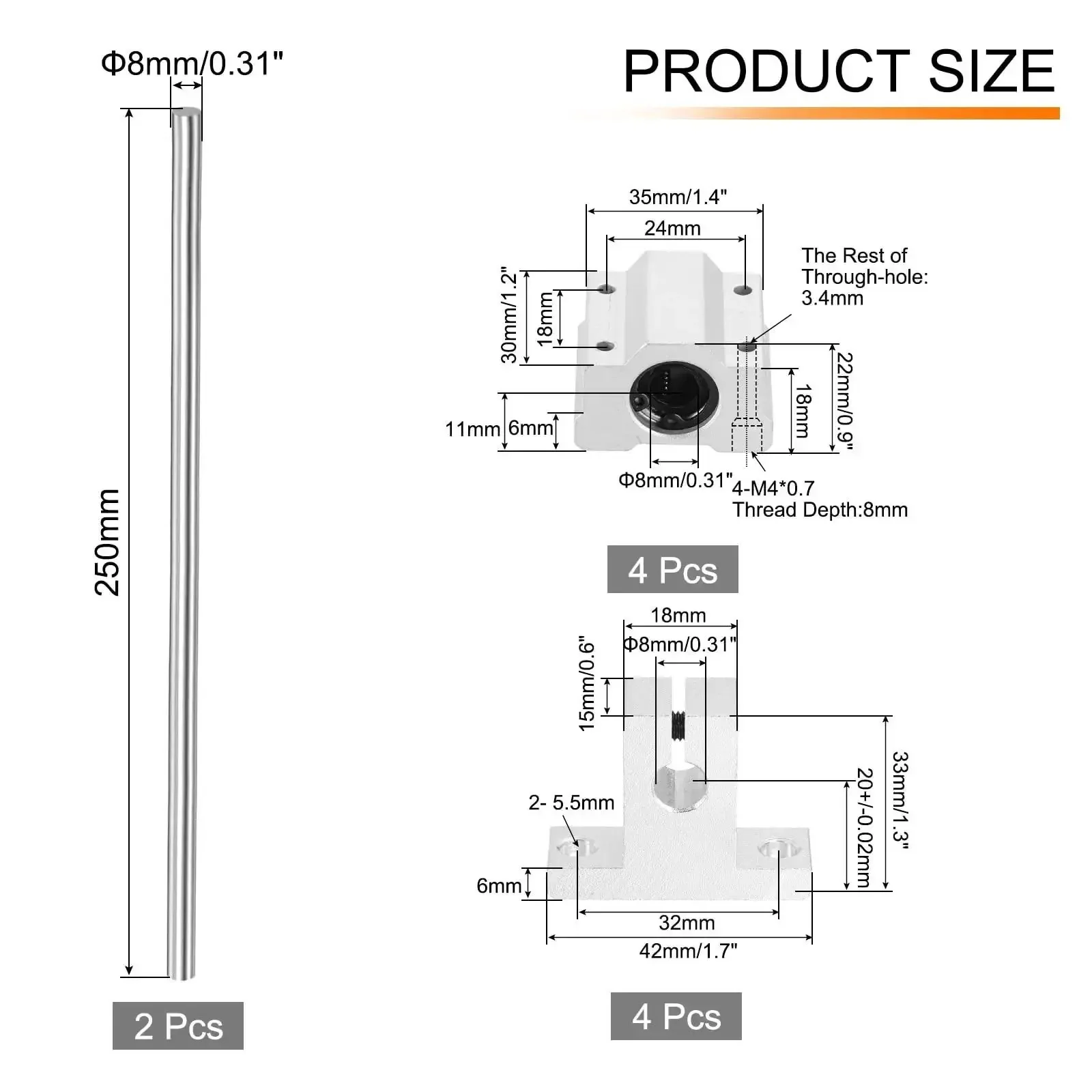 Two 8mm X 250mm Linear Motion Rail Kit With Four SCS8UU Bearings And Four SK8 Rail Supports For CNC Machines And 3D Printers Ready To Roll, Durable Silver Finish, Smooth Sliding Guide System - Image 5