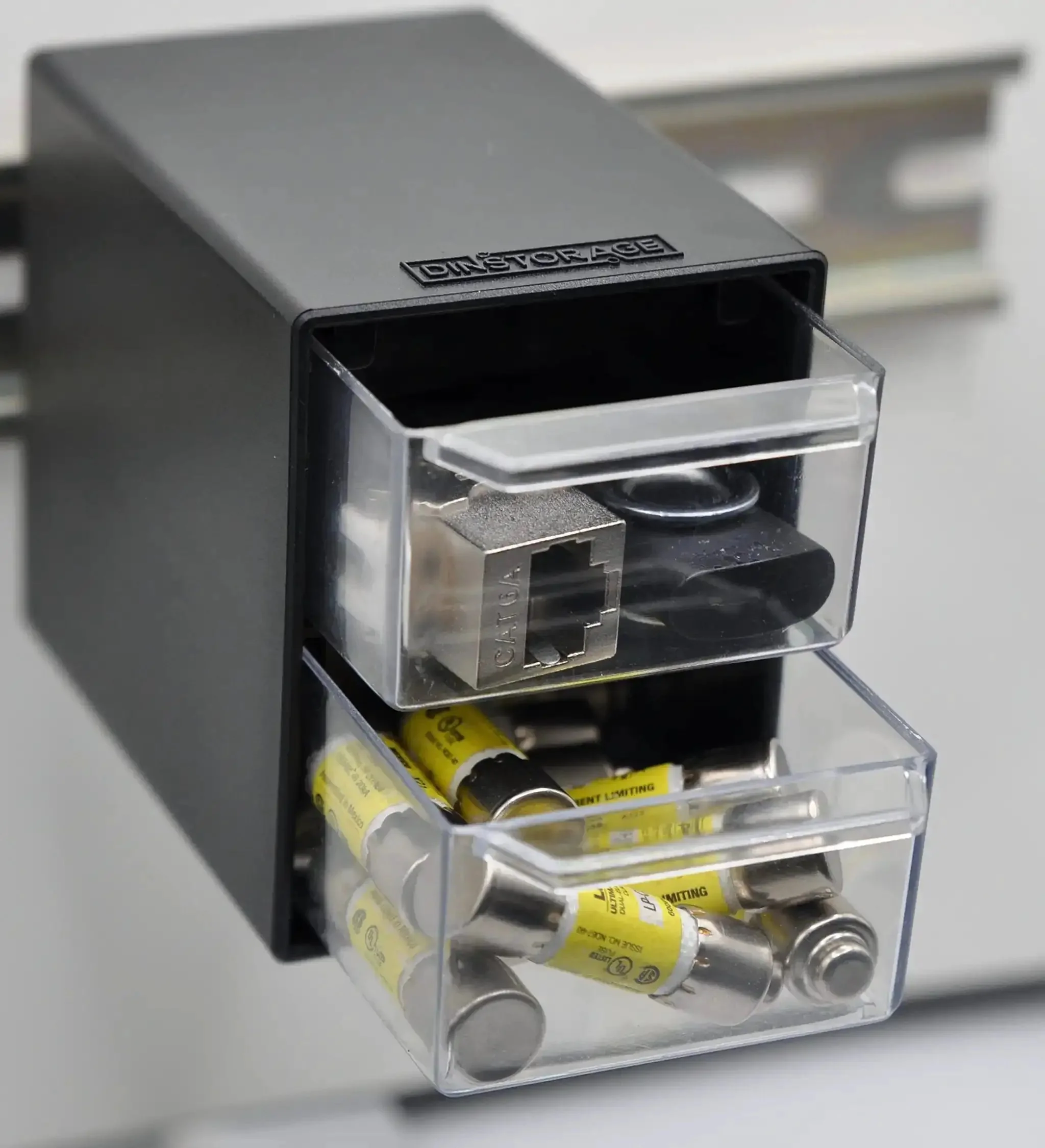 Two-Drawer Control Panel Organizer for DIN Rail Or Flat Surface With One-Click Toolless Install And Adhesive Mount Keeps Fuses USB Drives Keys Relays Wire Tags And Terminal Blocks Handy - Image 5
