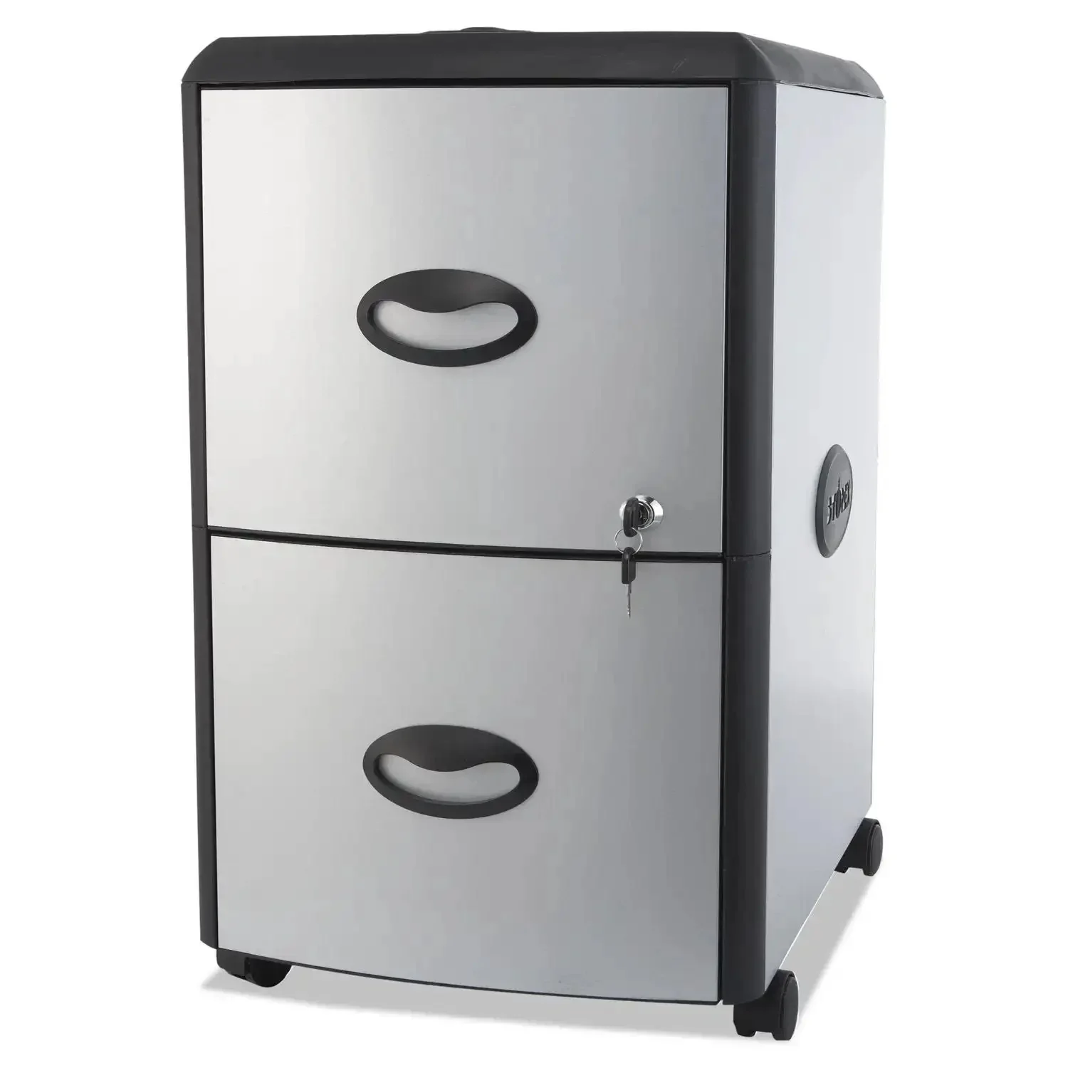 Two Drawer Mobile File Cabinet With Locking Drawers For Security Letter File Rails And Front Label Holders Easy Glide System Silver And Black Metal Accent Panels Brushed Metal Sides A Real Office Workhorse That Moves Smoothly From Room To Room