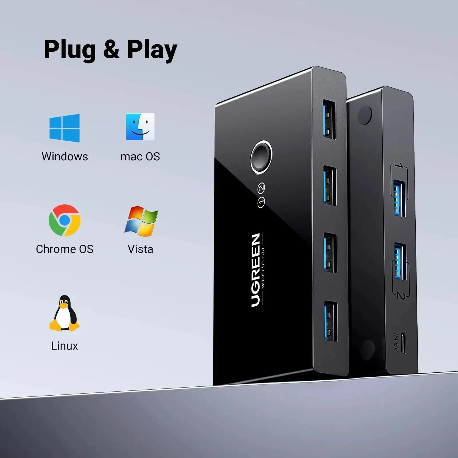 Two In Four Out USB 3.0 Switcher For Two Computers With Four Shared USB Ports, One Button Switch Between Work And Home, Easily Share Keyboard, Mouse, Printer, Scanner, USB Drive, Headphones And More, Includes Two USB 3.0 Cables - Image 3