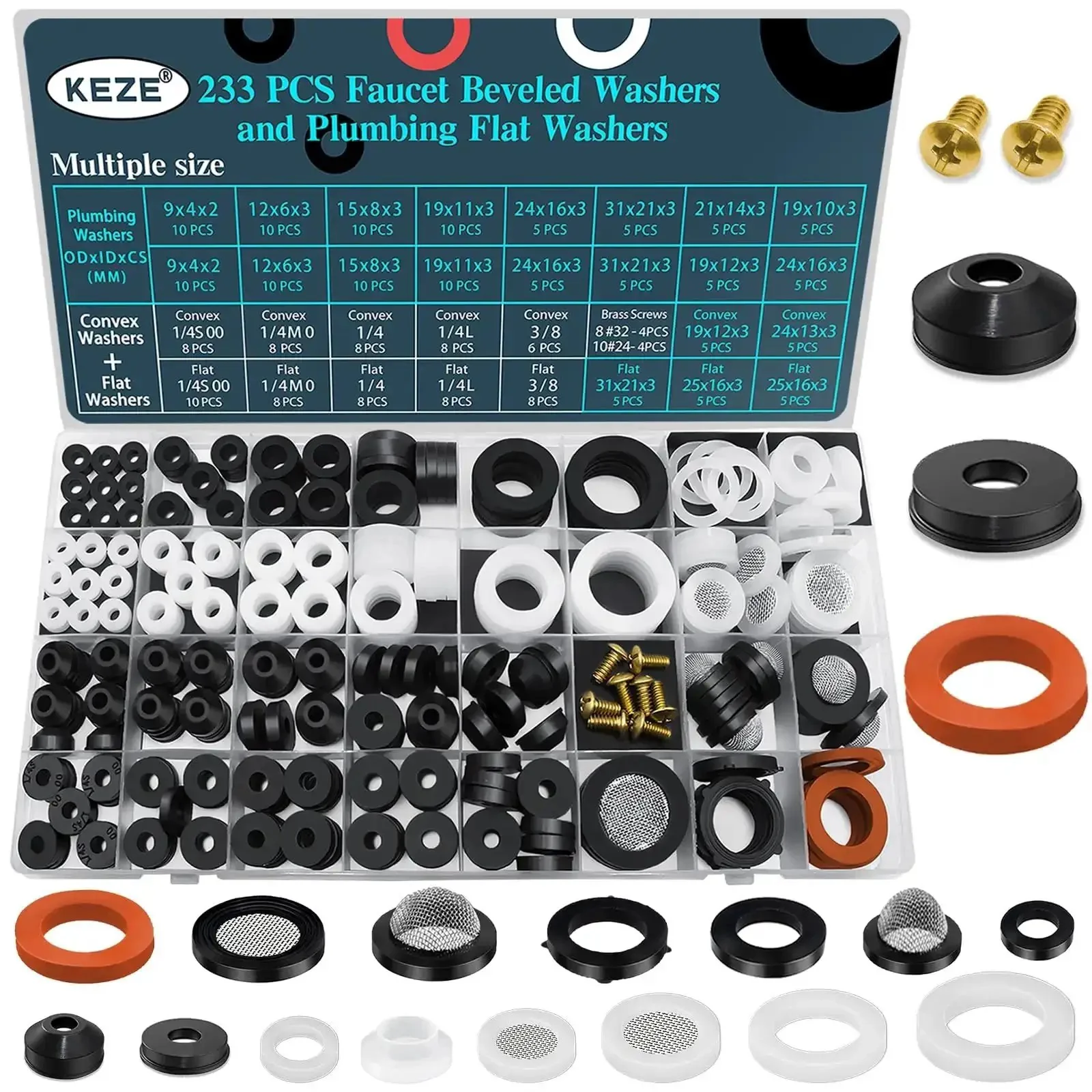Two In One Faucet And Plumbing Washer Kit With 233 Pcs Beveled And Flat Gaskets For Spigots Hose Bibs Outdoor Garden Faucets Leaks Repair And Valve Stem Wear Replacement For Homeowners And Weekend Fixers
