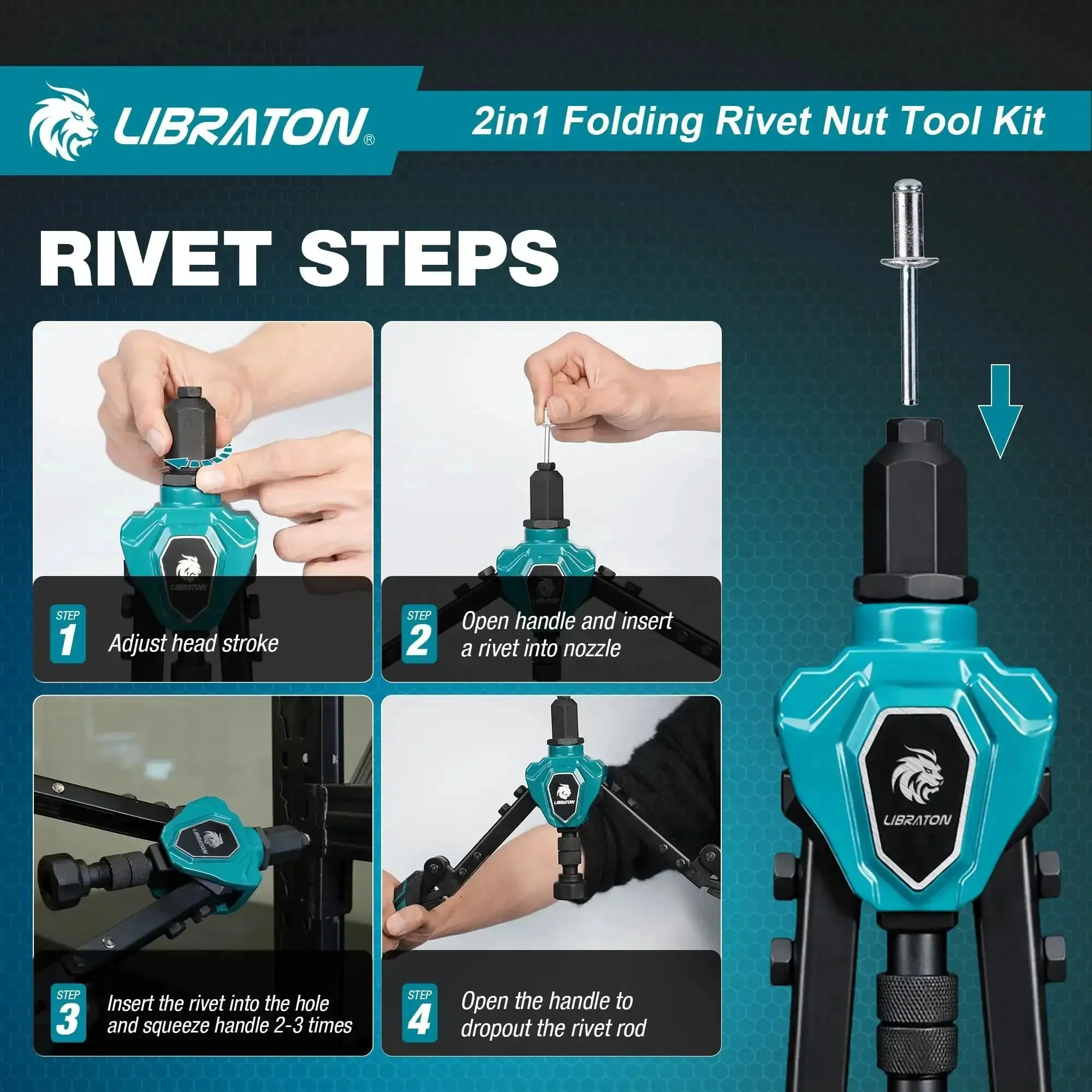 Two In One Rivet Nut Tool And Rivet Gun Kit Folding Heavy Duty Hand Tool With 11 Mandrels And 5 Nose Pieces Includes 100 Nuts And 200 Pop Rivets For DIY And Repair - Image 6