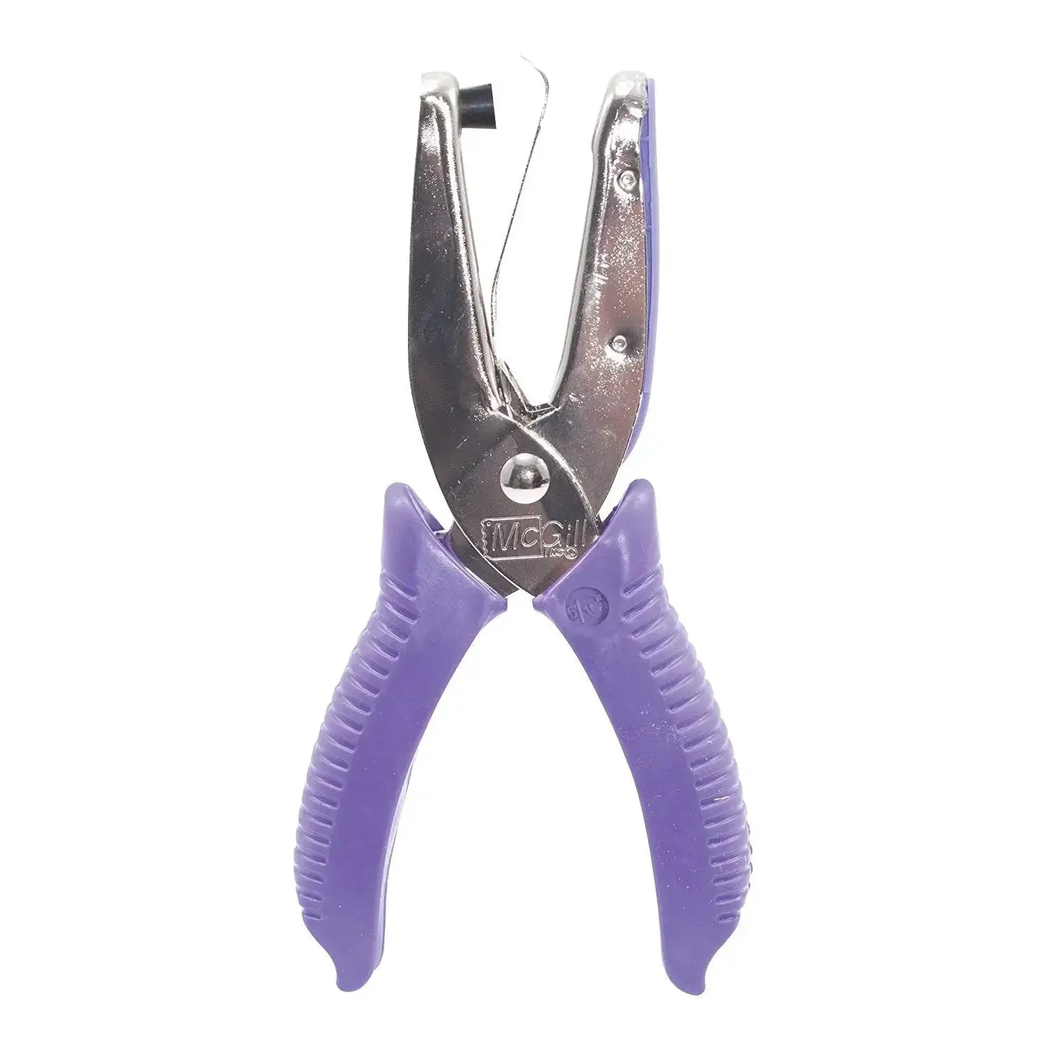 Two Inch Reach Hole Punch With Five Sixteenth Inch Round Hole Chrome And Purple Finish Ergonomic Soft Grip Handles And High Capacity Receptacle For Longer Punching Sessions Without Frequent Emptying