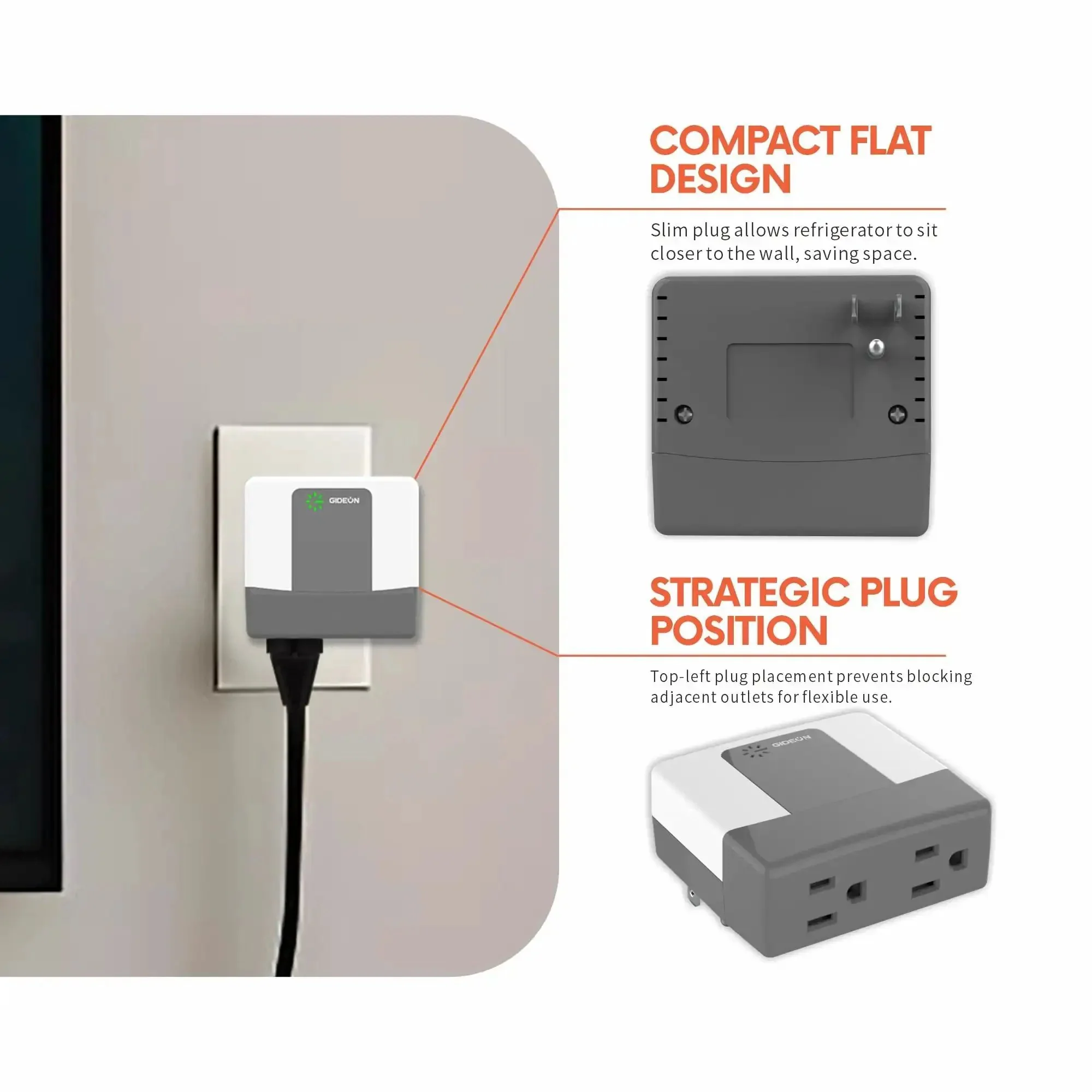 Two Outlet Wall Tap Surge Protector With Ground Protection Indicator Lights For Fridge And Washer 15A 120V 1800W Safe Plug In Power Strip For Home Appliances - Image 7
