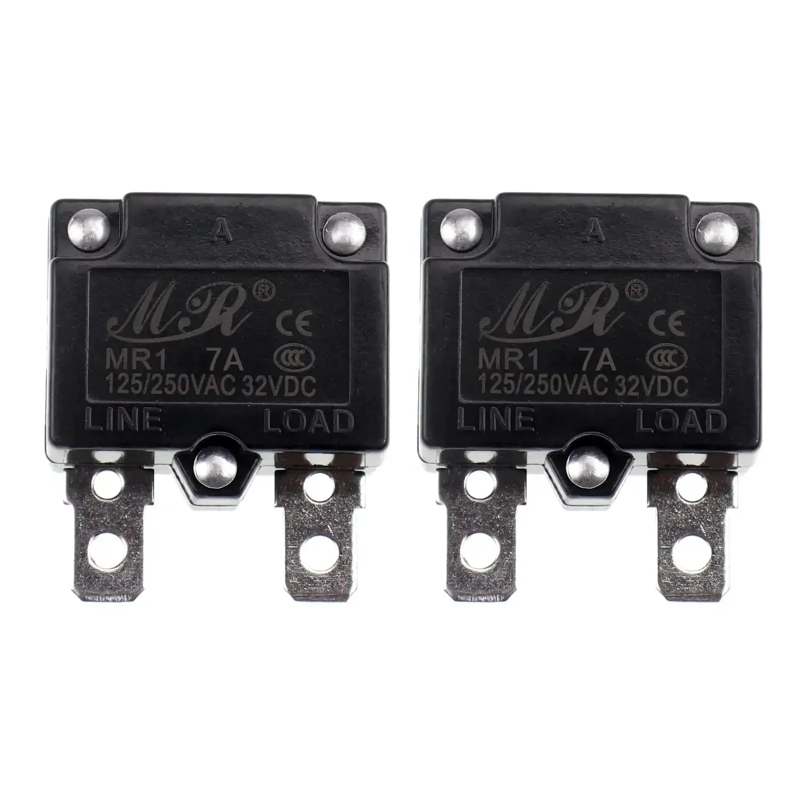Two Pack 125 To 250V AC And 32V DC Thermal Circuit Breaker 7A Auto Reset Overload Protector Switch For Home DIY RV Marine Battery Power Systems Automatic Reset Relay Fuse Compact Single Pole Safety Breaker