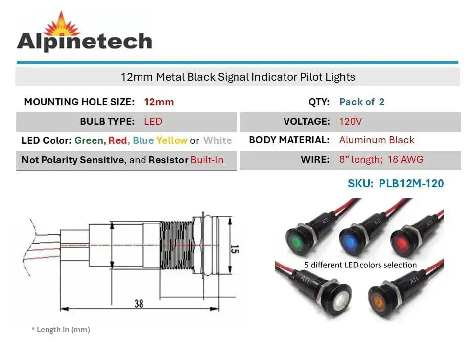 Two Pack 12mm 120V AC LED Indicator Pilot Dash Light With Black Bezel, Aluminum Body, Low Power Under 15 mA, 100000 Hour LED Life, Includes Nut And Silicone Seal Ring, 8 Inch 18 AWG Leads, Color Options Red Green Blue Yellow White - Image 2