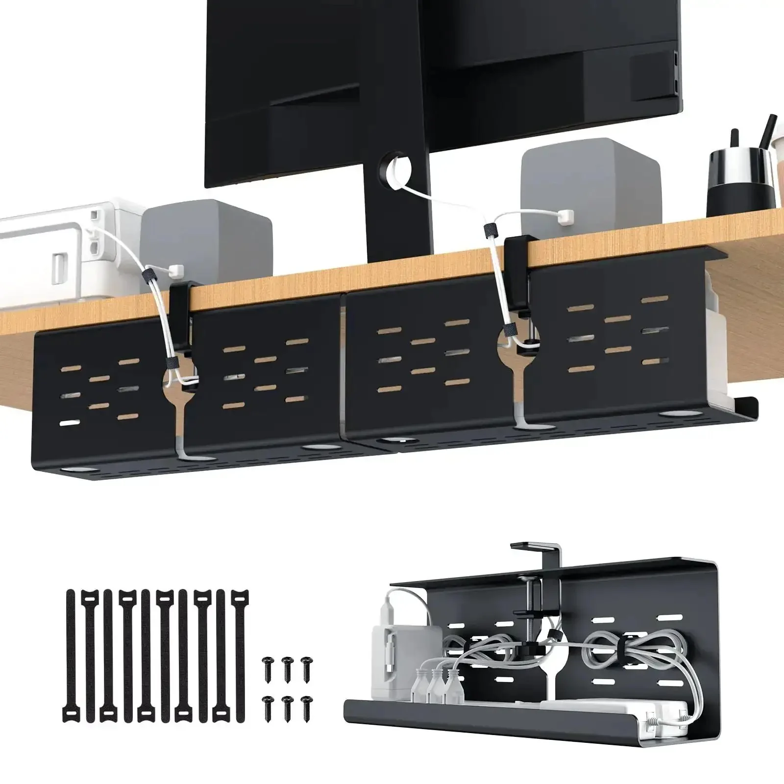Two Pack 16 Inch Under Desk Cable Management Trays Expandable To 32 Inches No Drill Mount Cord Organizer For Home Office Gaming Desks And Standing Desks Black