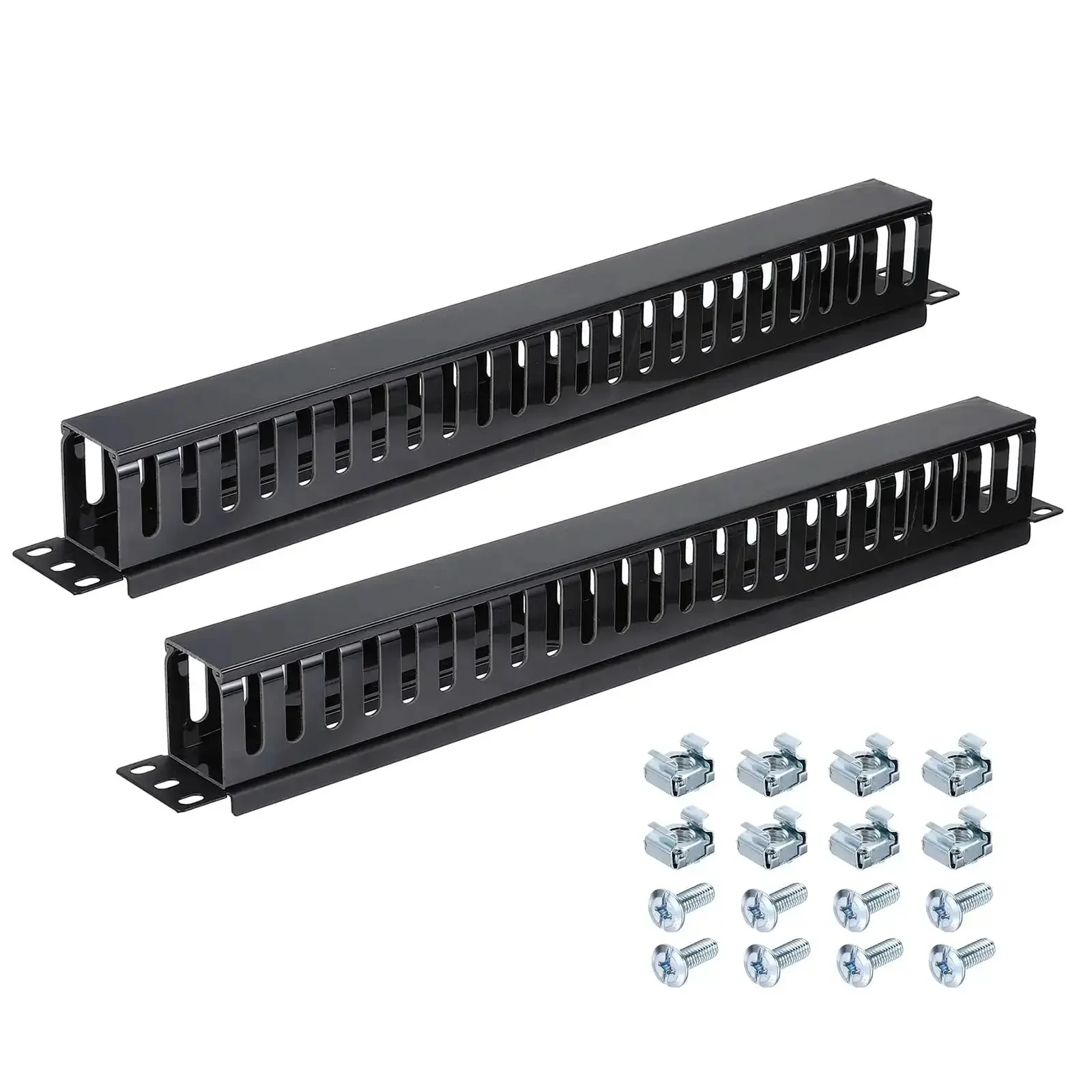 Two Pack 1U 19 Inch Cable Manager For Network Cabinets, 24 Slot Horizontal Wire Organizer, Heavy Duty Metal Finger Duct Rack Mount For Clean Cable Runs In Data Centers, Black