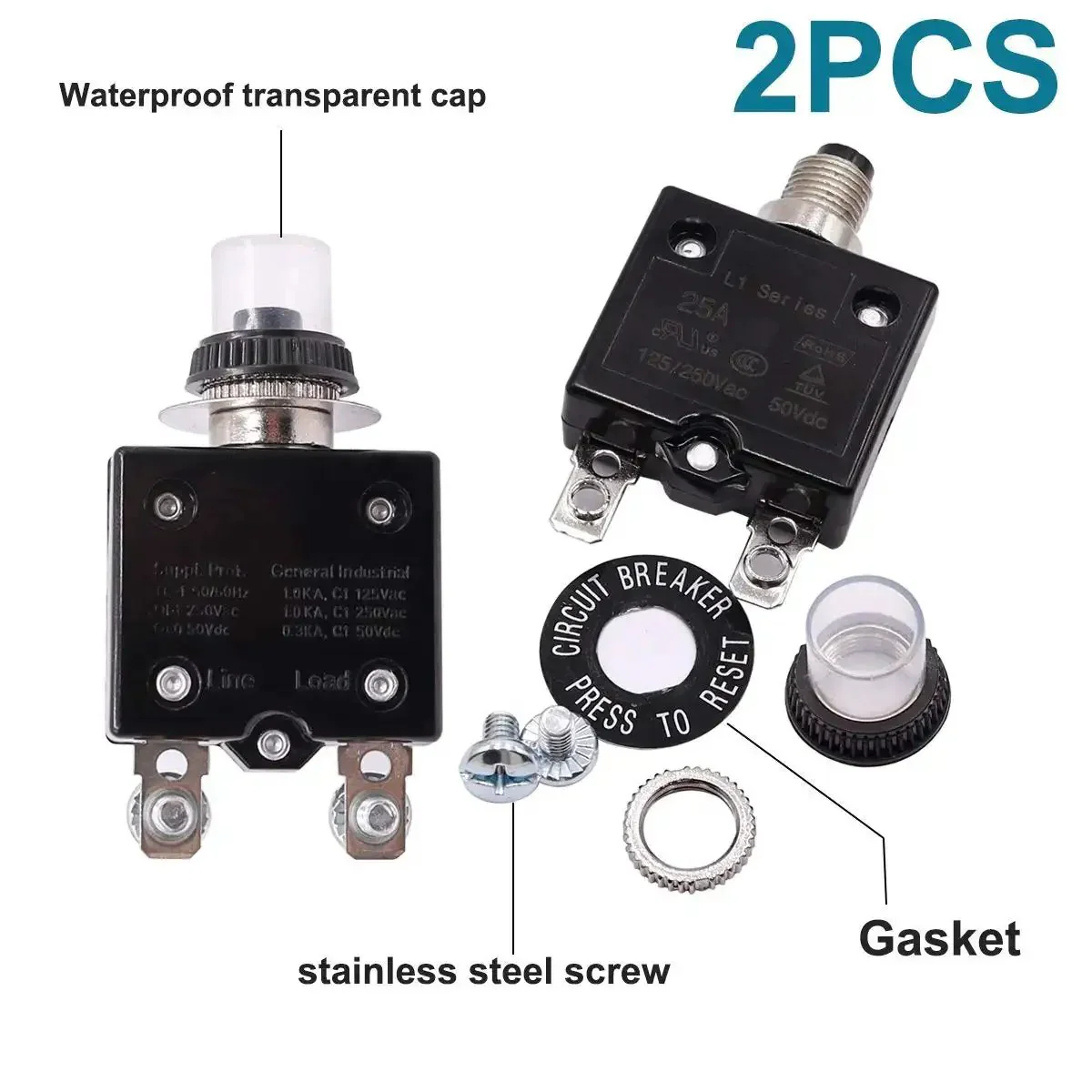Two Pack 20A Push Button Resettable Circuit Breakers For 125 To 250V AC And 50V DC L1 Series Thermal Overload Protectors With Waterproof Button Caps Built Tough For Safe Power Protection LS 20A - Image 2