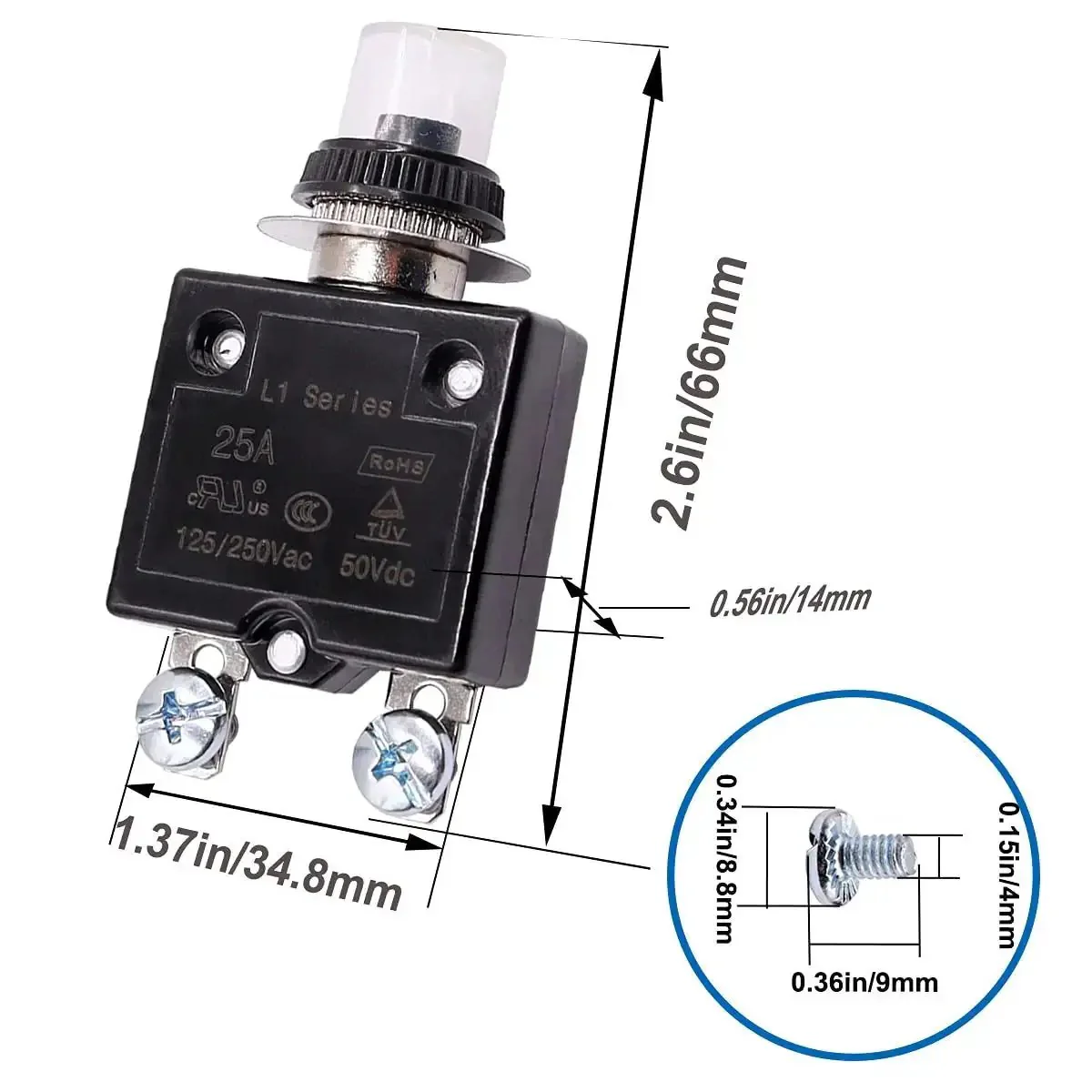 Two Pack 20A Push Button Resettable Circuit Breakers For 125 To 250V AC And 50V DC L1 Series Thermal Overload Protectors With Waterproof Button Caps Built Tough For Safe Power Protection LS 20A - Image 3