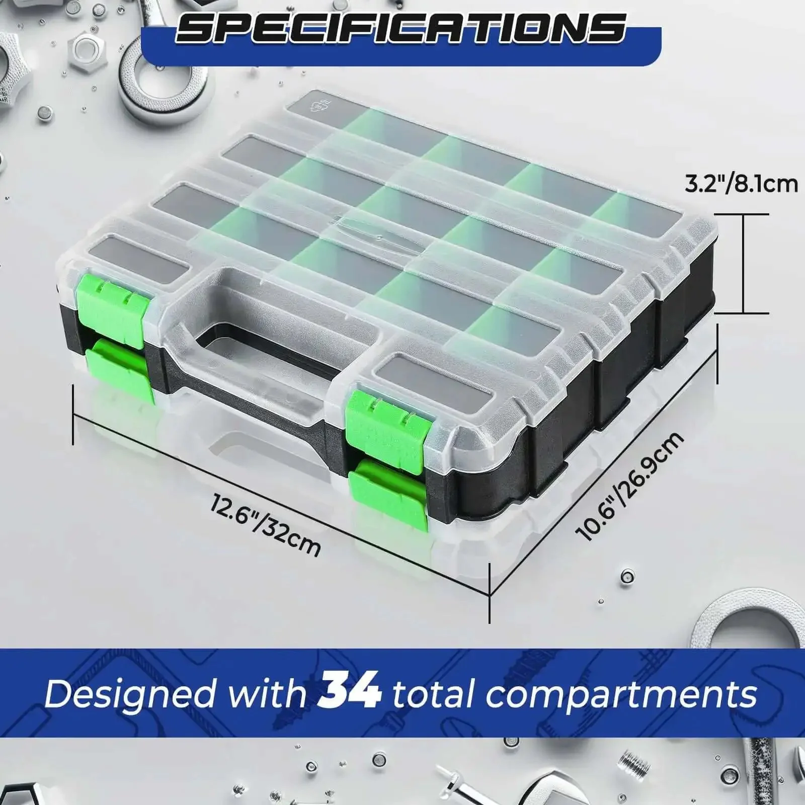 Two Pack 34 Compartment Double Sided Parts Organizer Case All In One For Hardware Screws Bolts Nails Nuts Beads Jewelry Craft Supplies And Fishing Gear Durable Plastic Storage Box Green - Image 6