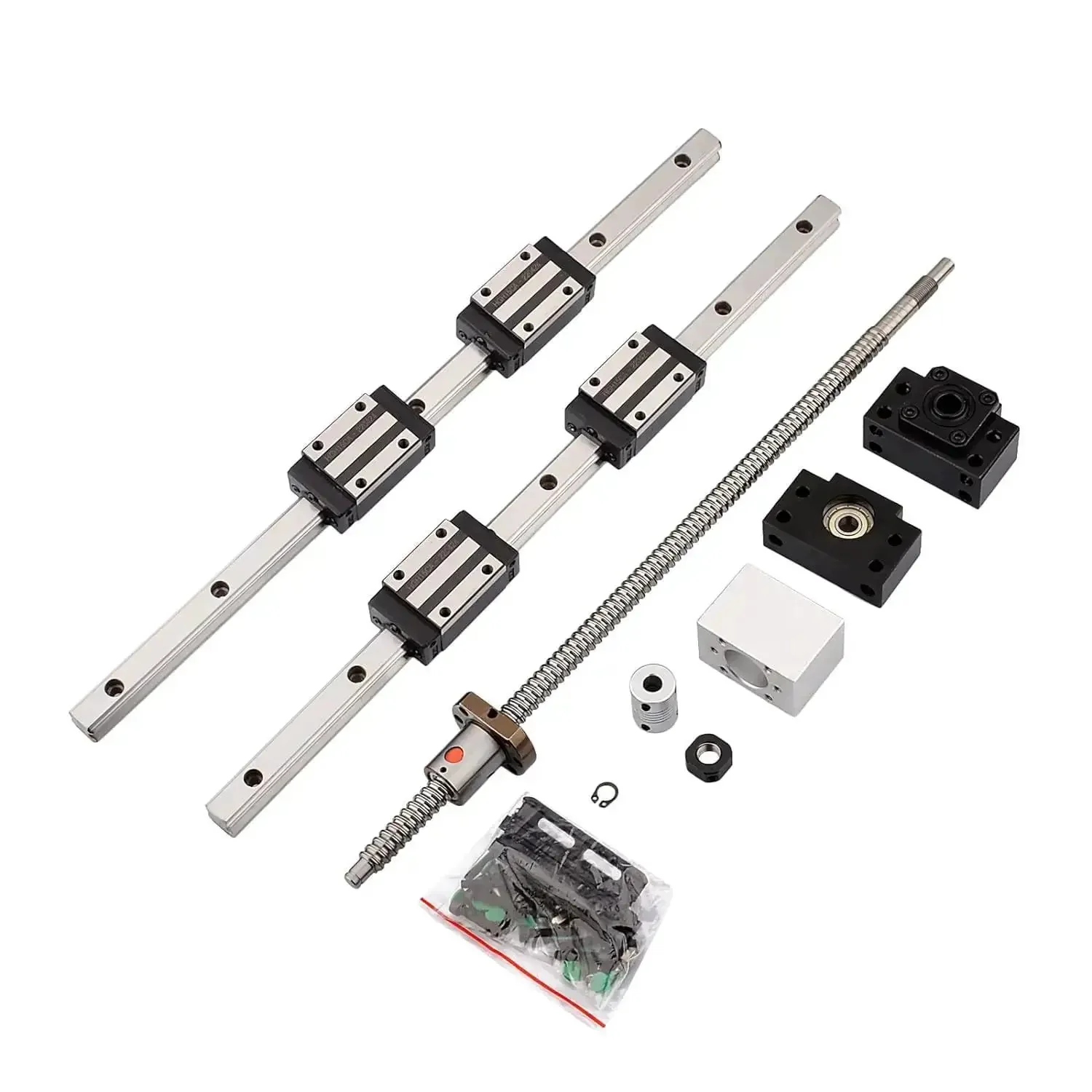 Two Pack 400mm HGR20 Linear Guide Rails With Four Bearing Blocks And One 400mm SFU1204 Ball Screw Kit With Metal Deflector Nut For Smooth Precise Motion In CNC Projects