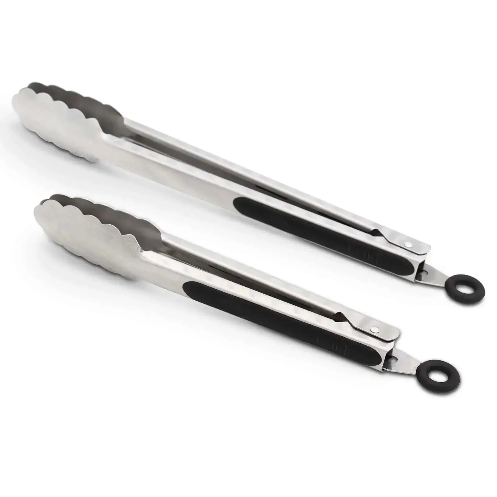 Two Pack 9 Inch And 12 Inch Stainless Steel Kitchen Tongs With Locking Mechanism Brushed Black Finish Ergonomic Grip For Grilling Sauteing And Serving