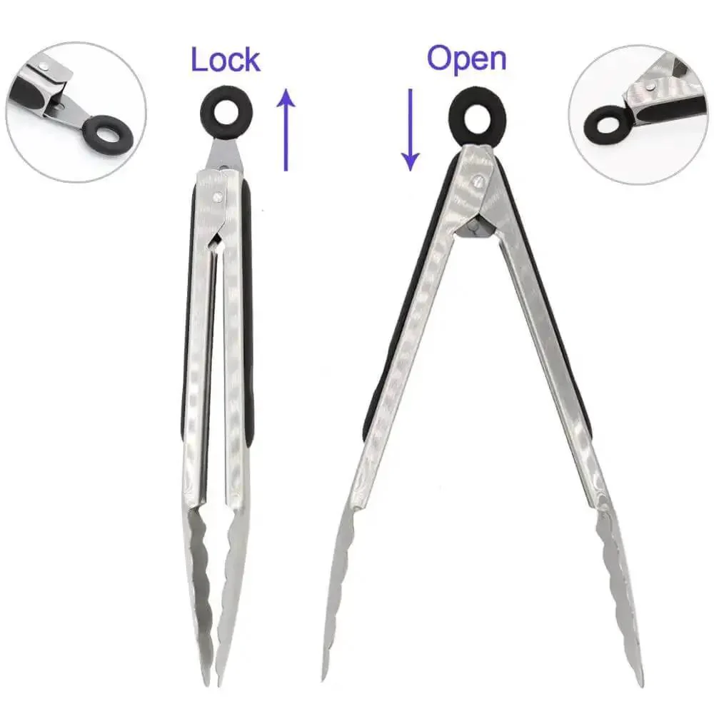 Two Pack 9 Inch And 12 Inch Stainless Steel Kitchen Tongs With Locking Mechanism Brushed Black Finish Ergonomic Grip For Grilling Sauteing And Serving - Image 8
