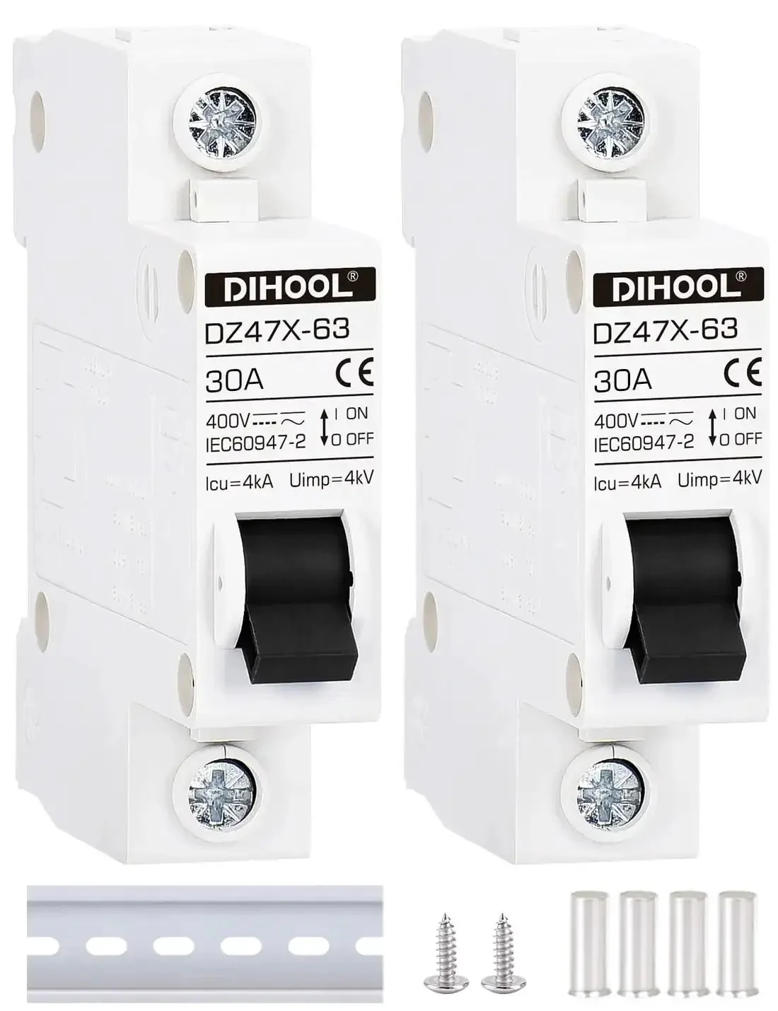 Two Pack AC DC Miniature Circuit Breakers 30 Amp Single Pole With Beefed Up Thermal Magnetic Trip For 12 To 48V DC And 90 To 480V AC Solar Disconnect Switch DIN Rail Mount RV Battery Isolator PV Array MCB