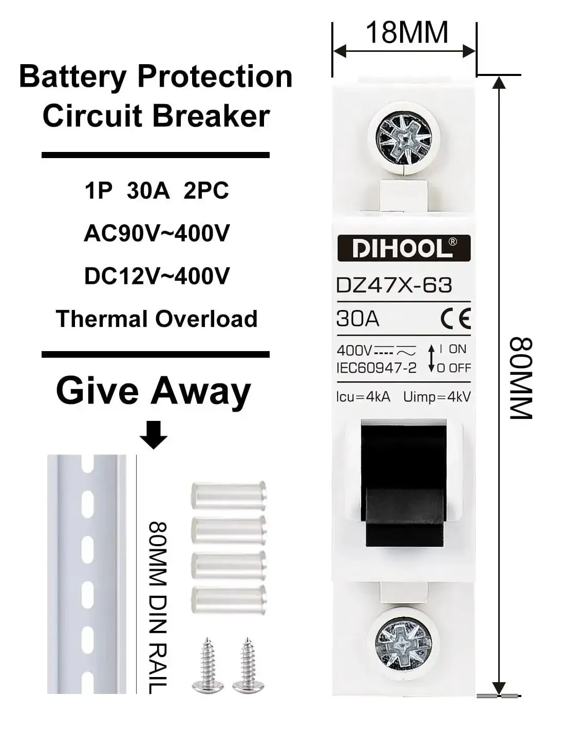 Two Pack AC DC Miniature Circuit Breakers 30 Amp Single Pole With Beefed Up Thermal Magnetic Trip For 12 To 48V DC And 90 To 480V AC Solar Disconnect Switch DIN Rail Mount RV Battery Isolator PV Array MCB - Image 5