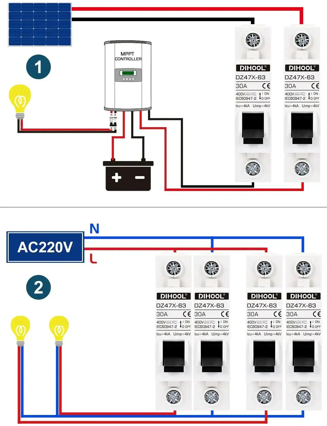 Two Pack AC DC Miniature Circuit Breakers 30 Amp Single Pole With Beefed Up Thermal Magnetic Trip For 12 To 48V DC And 90 To 480V AC Solar Disconnect Switch DIN Rail Mount RV Battery Isolator PV Array MCB - Image 7