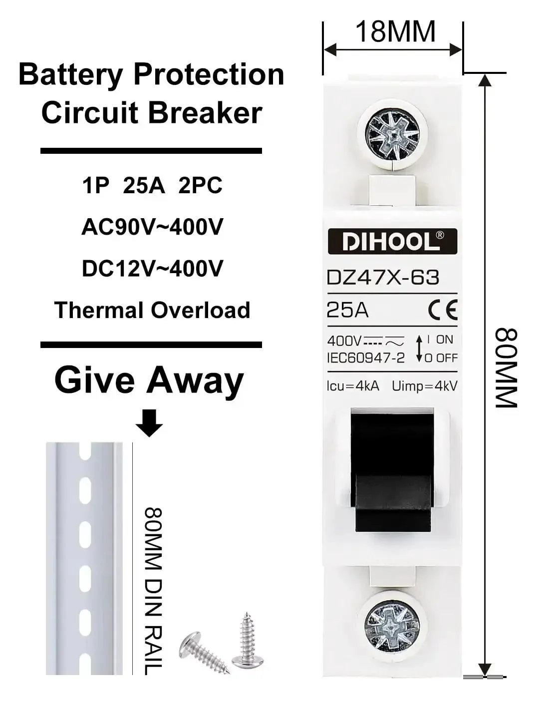 Two Pack AC DC Miniature Circuit Breakers Single Pole 25 Amp For 12 24 48 400V DC And 90 480V AC Systems Non Polarized Solar Disconnect Switch On DIN Rail Mount RV Battery Isolator PV Array MCB With Thermal Magnetic Trip - Image 3