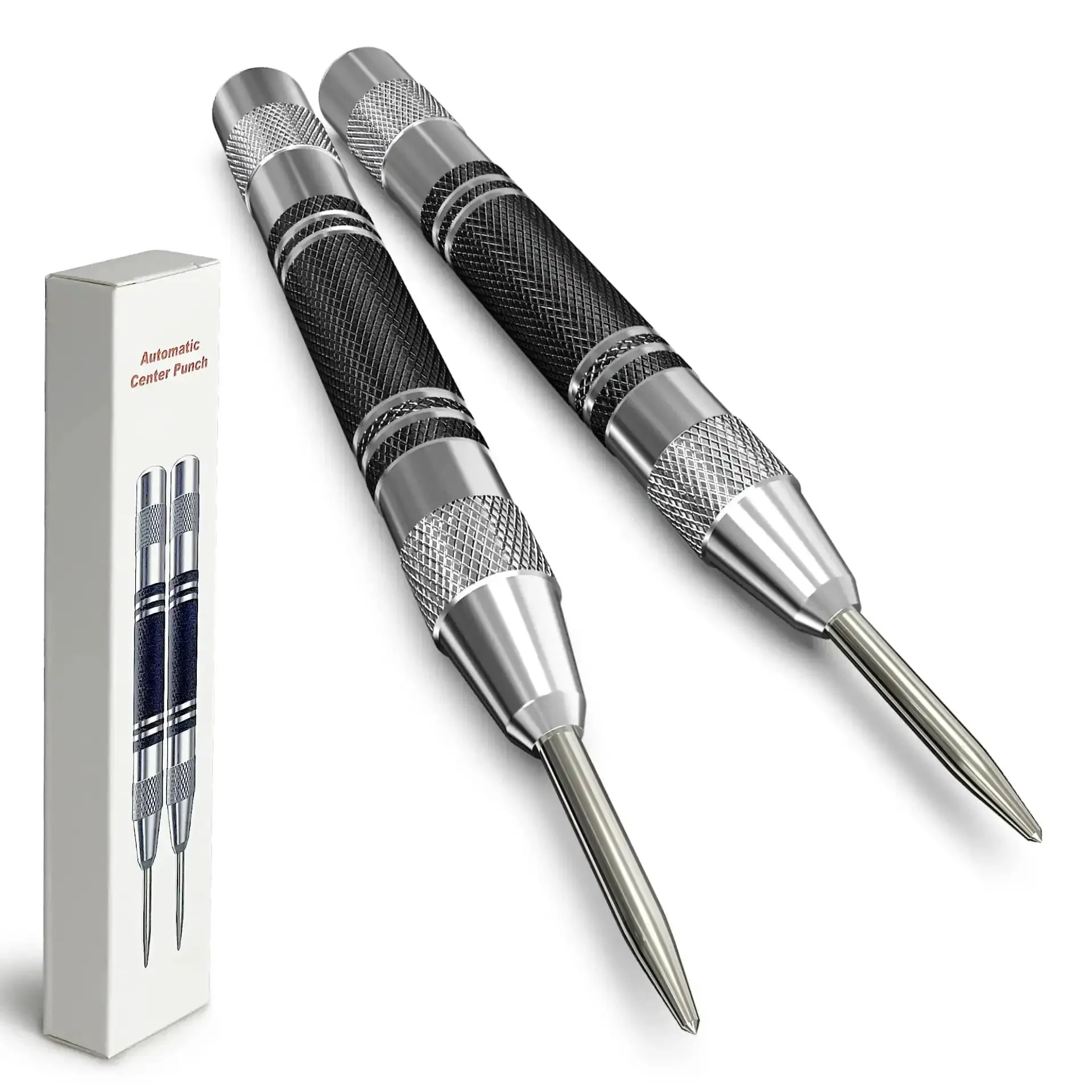 Two Pack Automatic Center Punch 5-Inch Built Tough Steel Spring-Loaded Center Hole Punch With Adjustable Tension Tool For Metal, Wood, Glass, Plastic And More