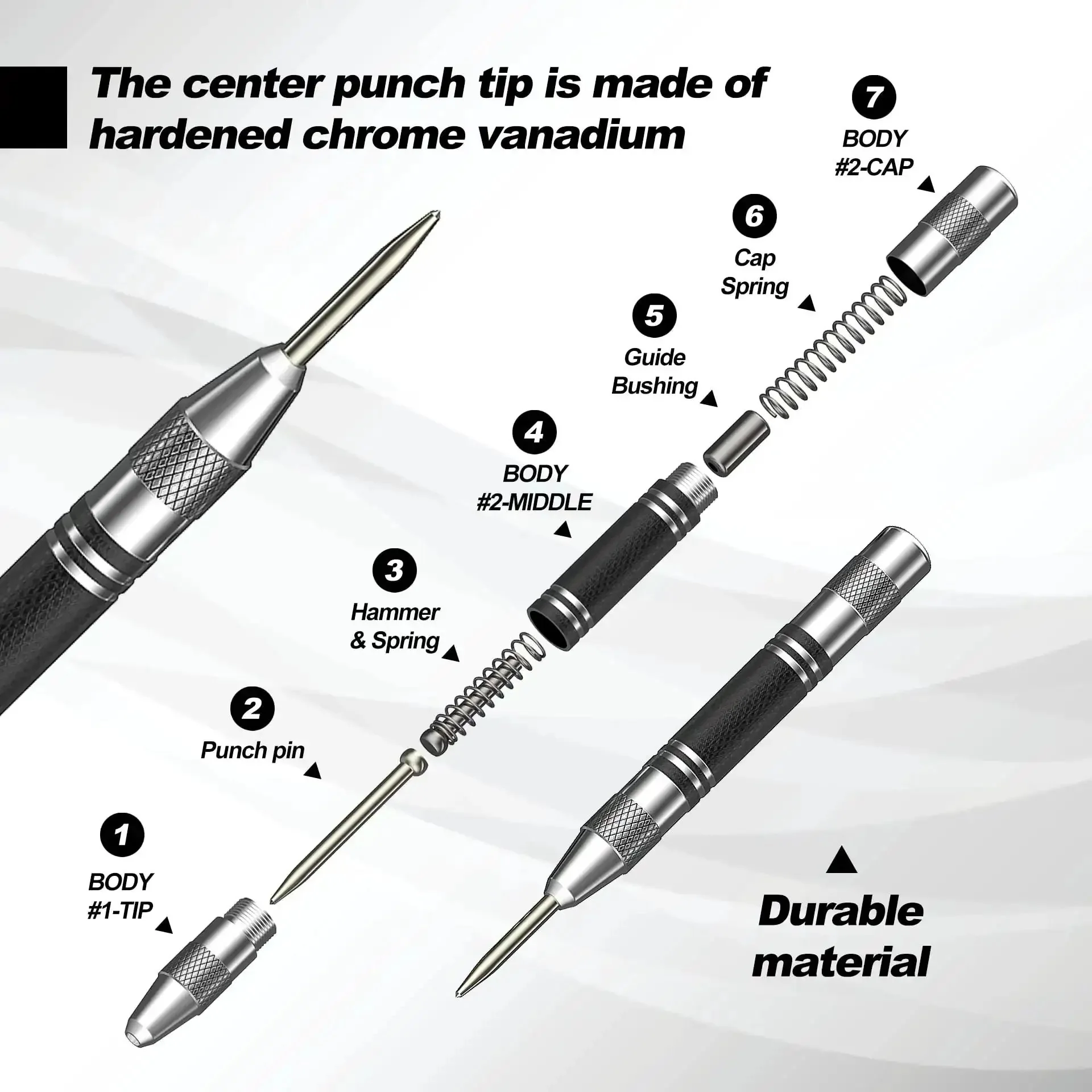 Two Pack Automatic Center Punch 5-Inch Built Tough Steel Spring-Loaded Center Hole Punch With Adjustable Tension Tool For Metal, Wood, Glass, Plastic And More - Image 4