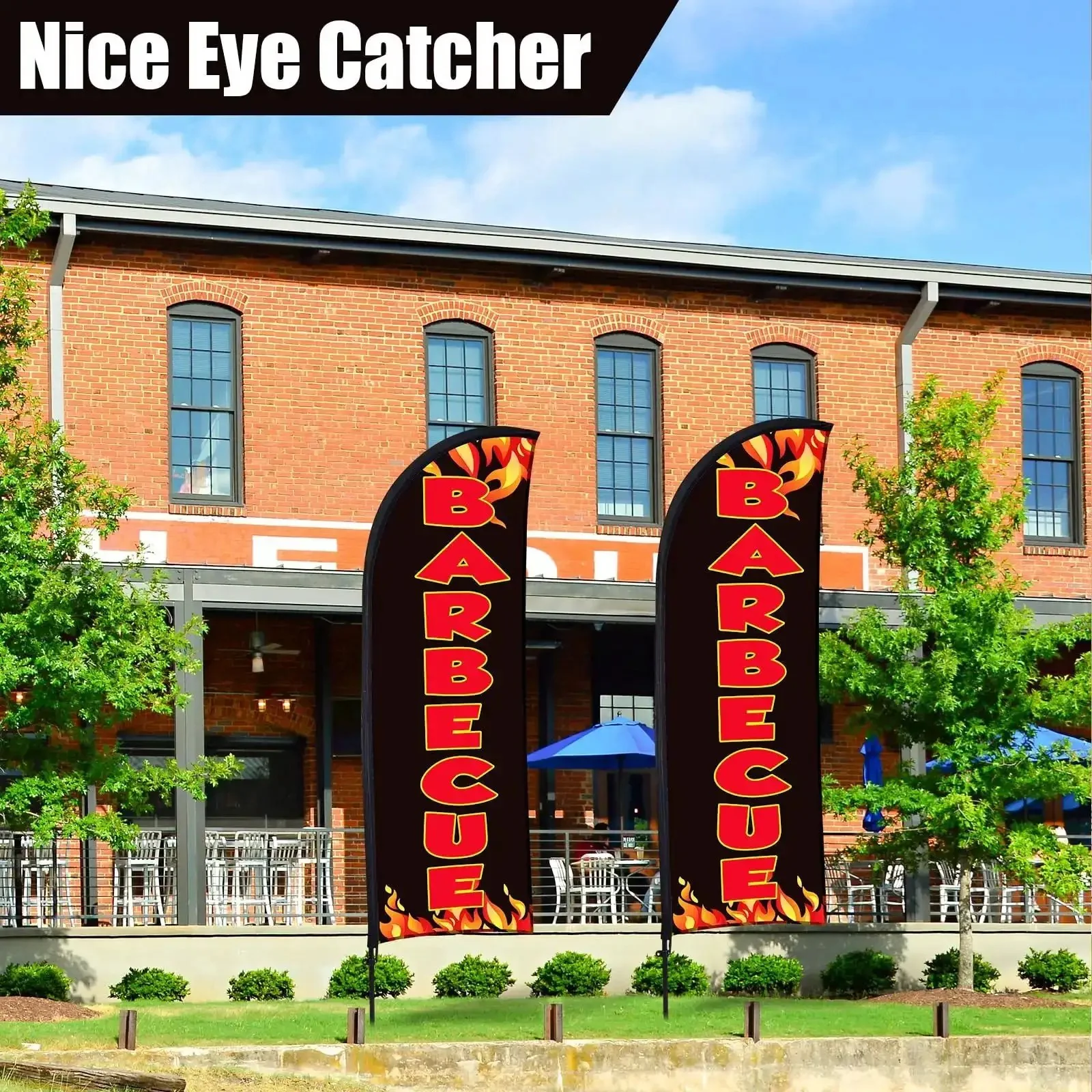 Two Pack Barbecue Feather Flag Kit With Ten Flag Poles Two Ground Stakes And Two Portable Bags For Outdoor Restaurant Advertising Seven By Five Point Four Ft Flags With Easy Setup For Streetfront Or Patio Advertising Displays - Image 2
