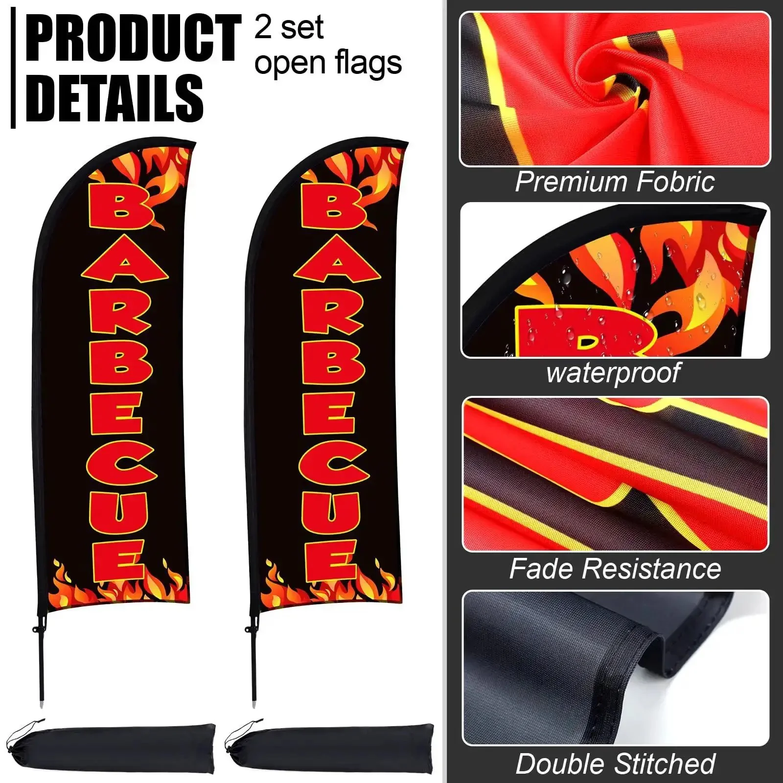 Two Pack Barbecue Feather Flag Kit With Ten Flag Poles Two Ground Stakes And Two Portable Bags For Outdoor Restaurant Advertising Seven By Five Point Four Ft Flags With Easy Setup For Streetfront Or Patio Advertising Displays - Image 3
