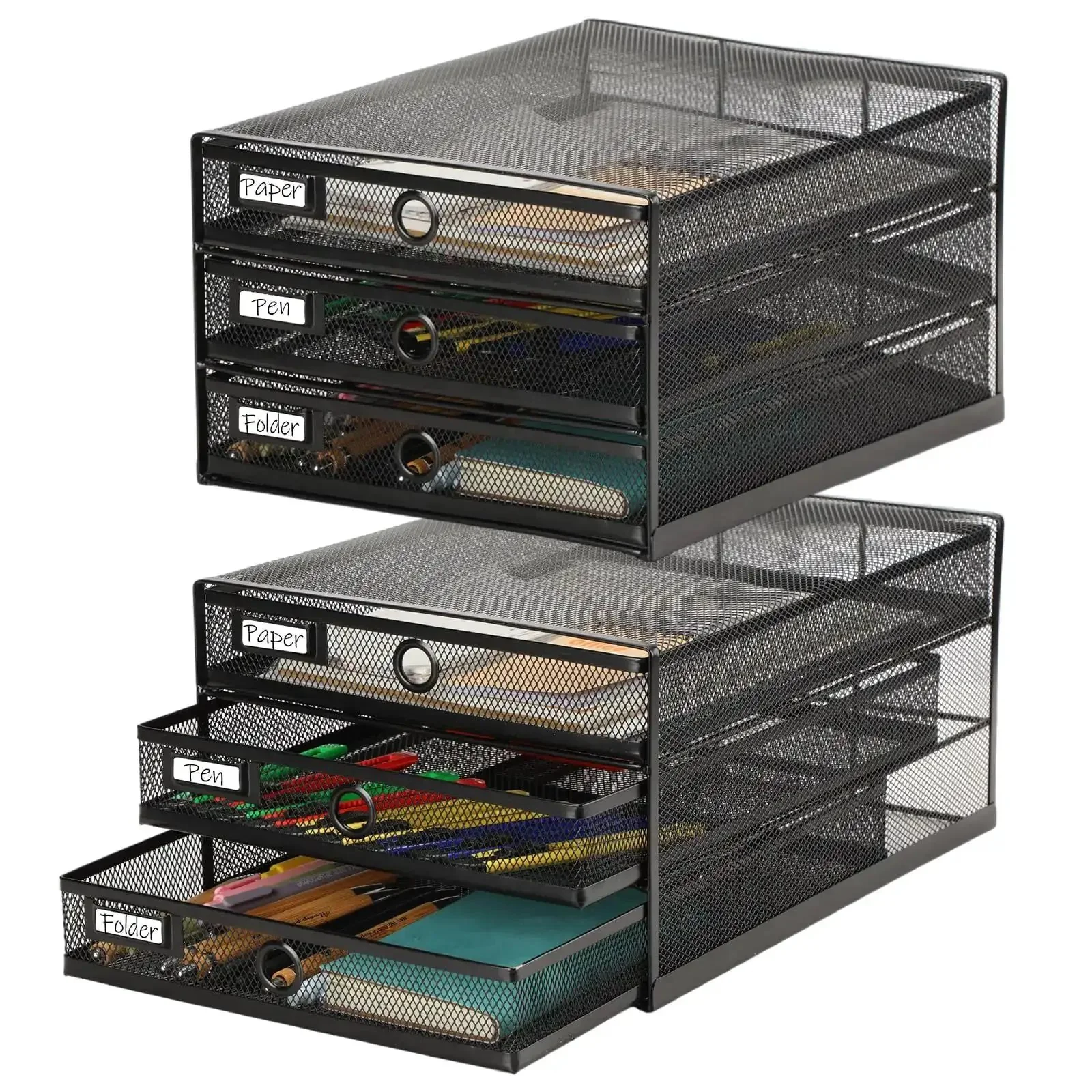 Two Pack Black 3 Tier Wire Mesh Desk Organizer With Drawers Stackable File Sorter And Paper Tray For Home Office Holds A4 And Letter Sized Paper Office Accessories Back To School Workhorse