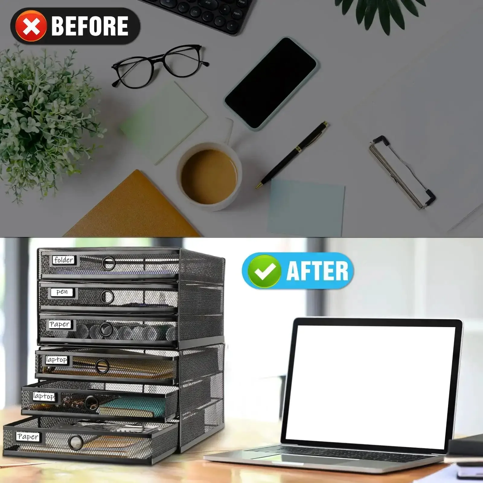 Two Pack Black 3 Tier Wire Mesh Desk Organizer With Drawers Stackable File Sorter And Paper Tray For Home Office Holds A4 And Letter Sized Paper Office Accessories Back To School Workhorse - Image 2