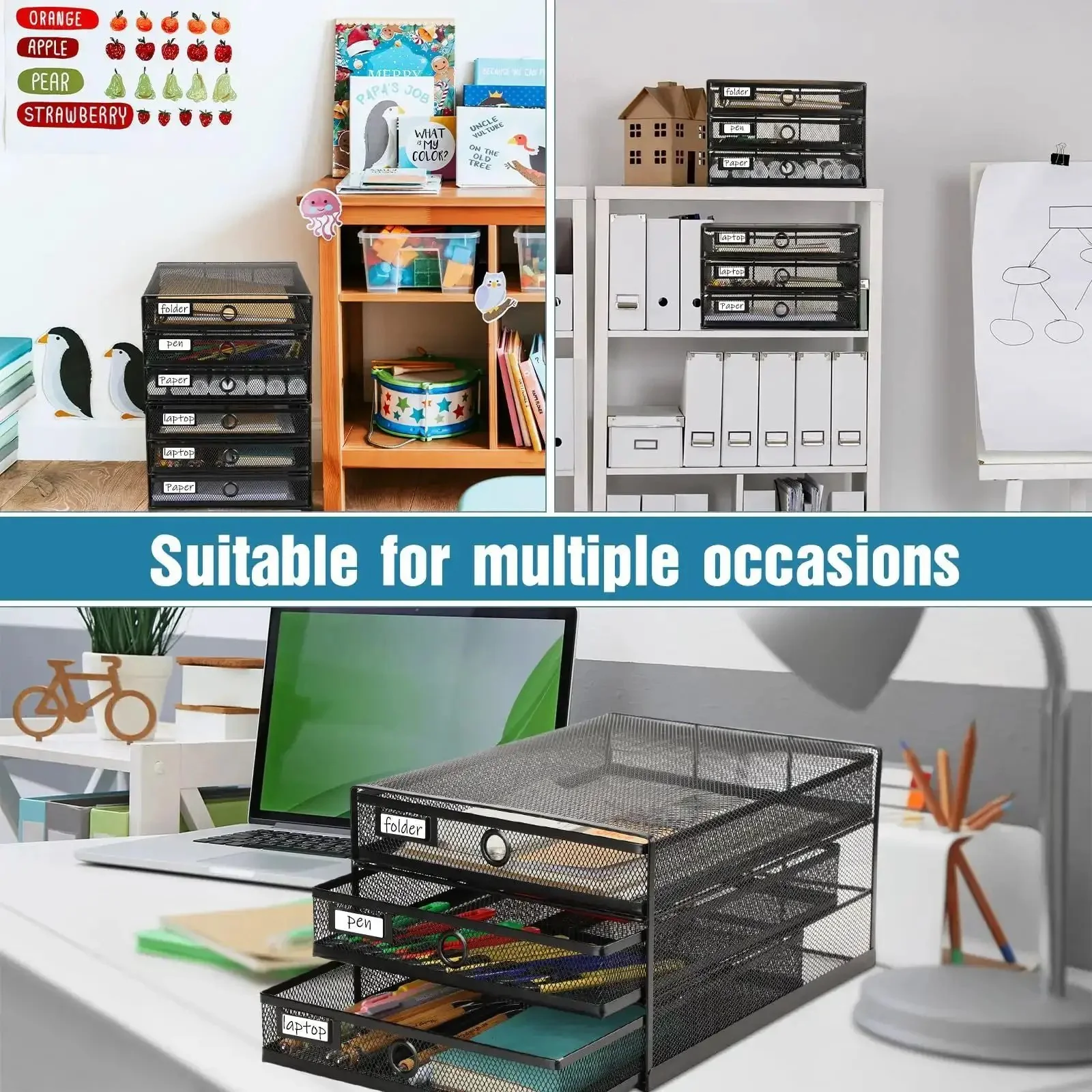 Two Pack Black 3 Tier Wire Mesh Desk Organizer With Drawers Stackable File Sorter And Paper Tray For Home Office Holds A4 And Letter Sized Paper Office Accessories Back To School Workhorse - Image 3
