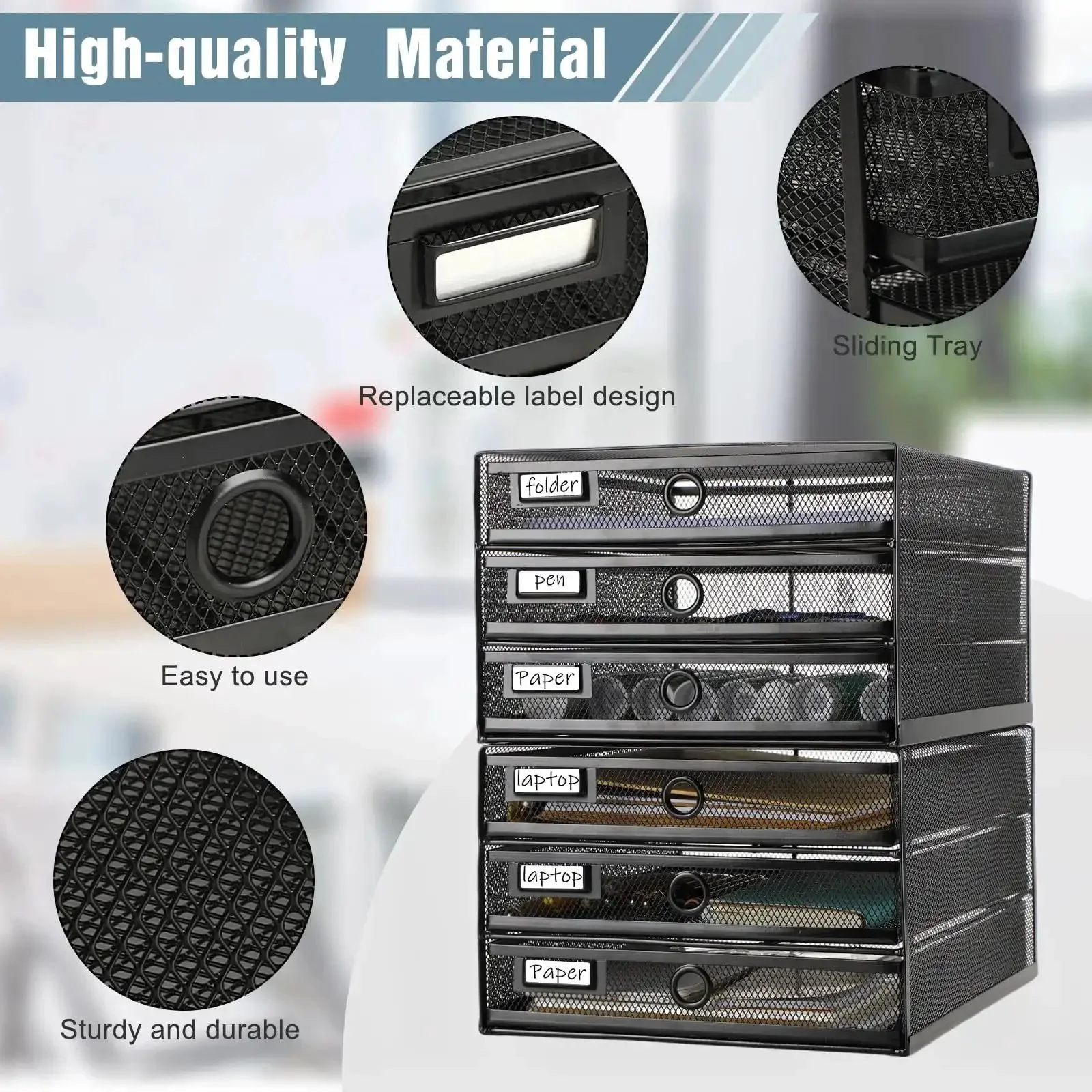 Two Pack Black 3 Tier Wire Mesh Desk Organizer With Drawers Stackable File Sorter And Paper Tray For Home Office Holds A4 And Letter Sized Paper Office Accessories Back To School Workhorse - Image 4