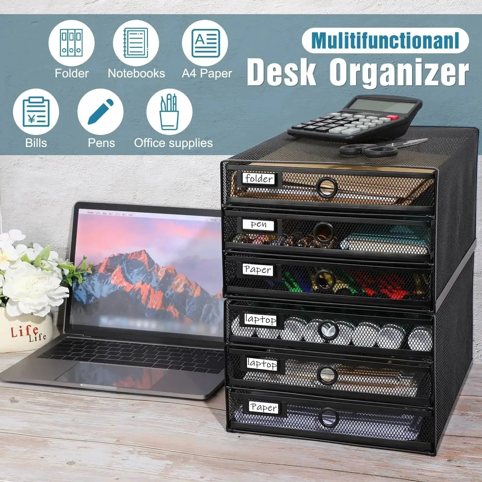 Two Pack Black 3 Tier Wire Mesh Desk Organizer With Drawers Stackable File Sorter And Paper Tray For Home Office Holds A4 And Letter Sized Paper Office Accessories Back To School Workhorse - Image 5